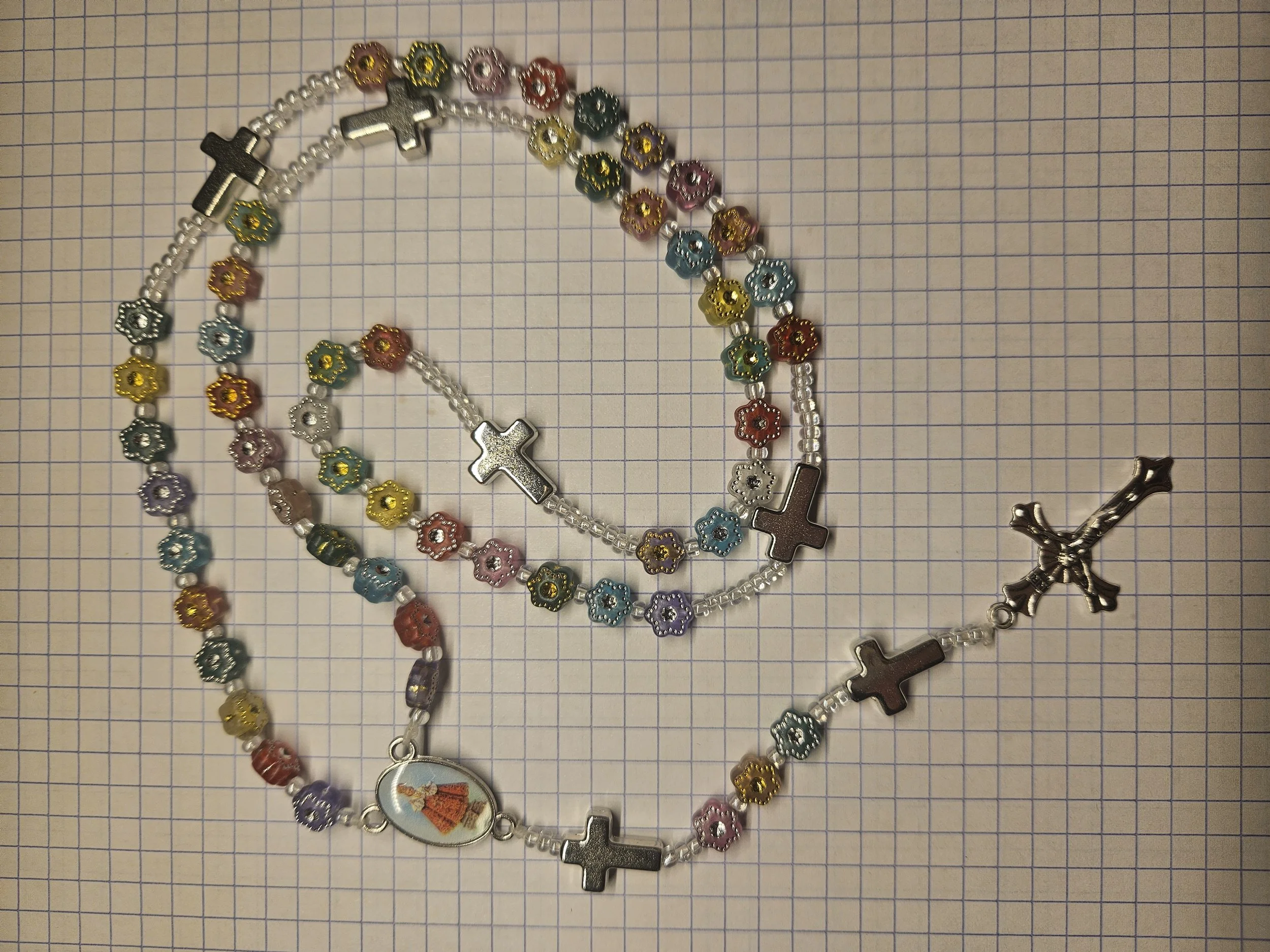 (SILVER CROSSES) WHIMSICAL FLOWER ROSARY