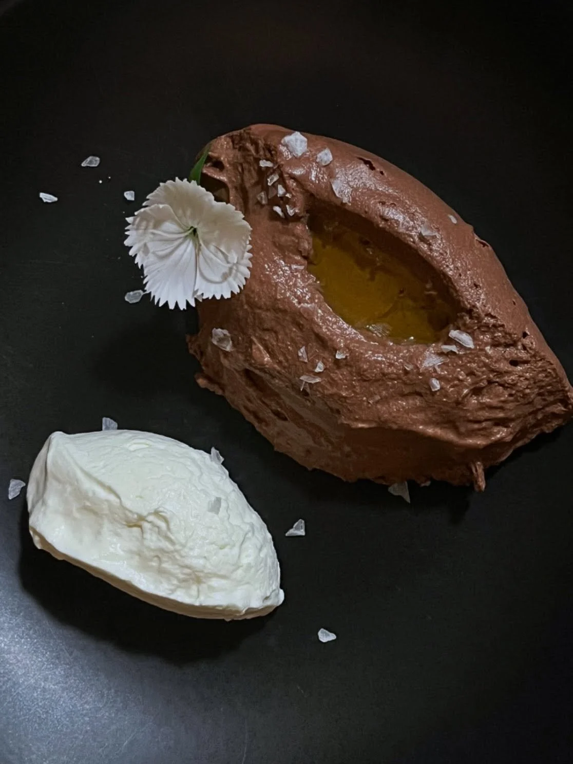 80% &amp; 90% Dark Chocolate Mousse served with an Almond Whipped Cream, Spanish Olive Oil I purchased from Madrid, and Flakey Sea Salt to finish 🧂