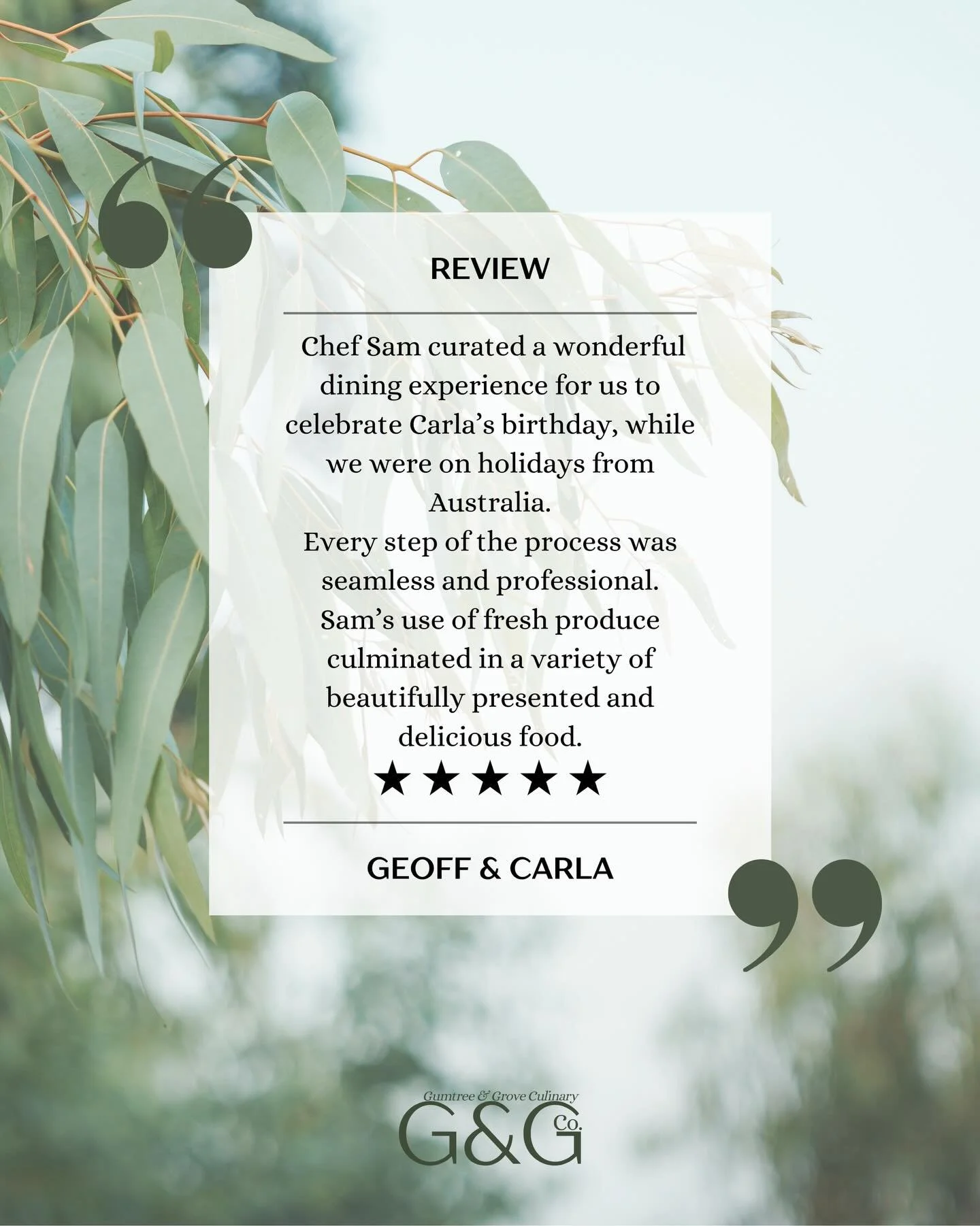 Nothing means more to us than happy clients! 🌿✨

Cooking personalised menus and seeing them enjoyed is why we do what we do. Thank you for trusting us at Gumtree &amp; Grove Culinary Co. to cook for you and your guests- this review truly made our da
