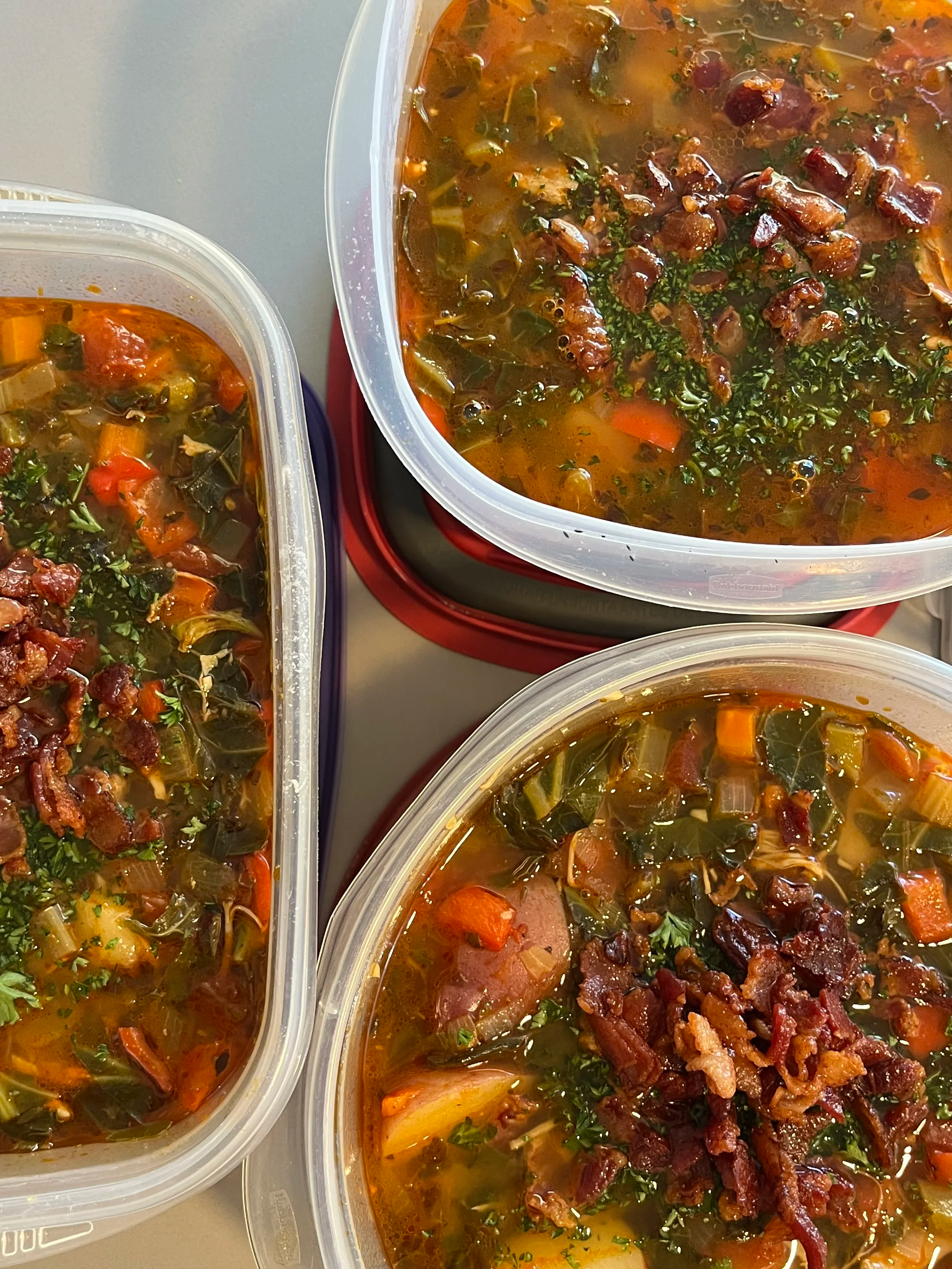 Meal Prep Spicy Chicken, Bacon, & Collard Green Soup