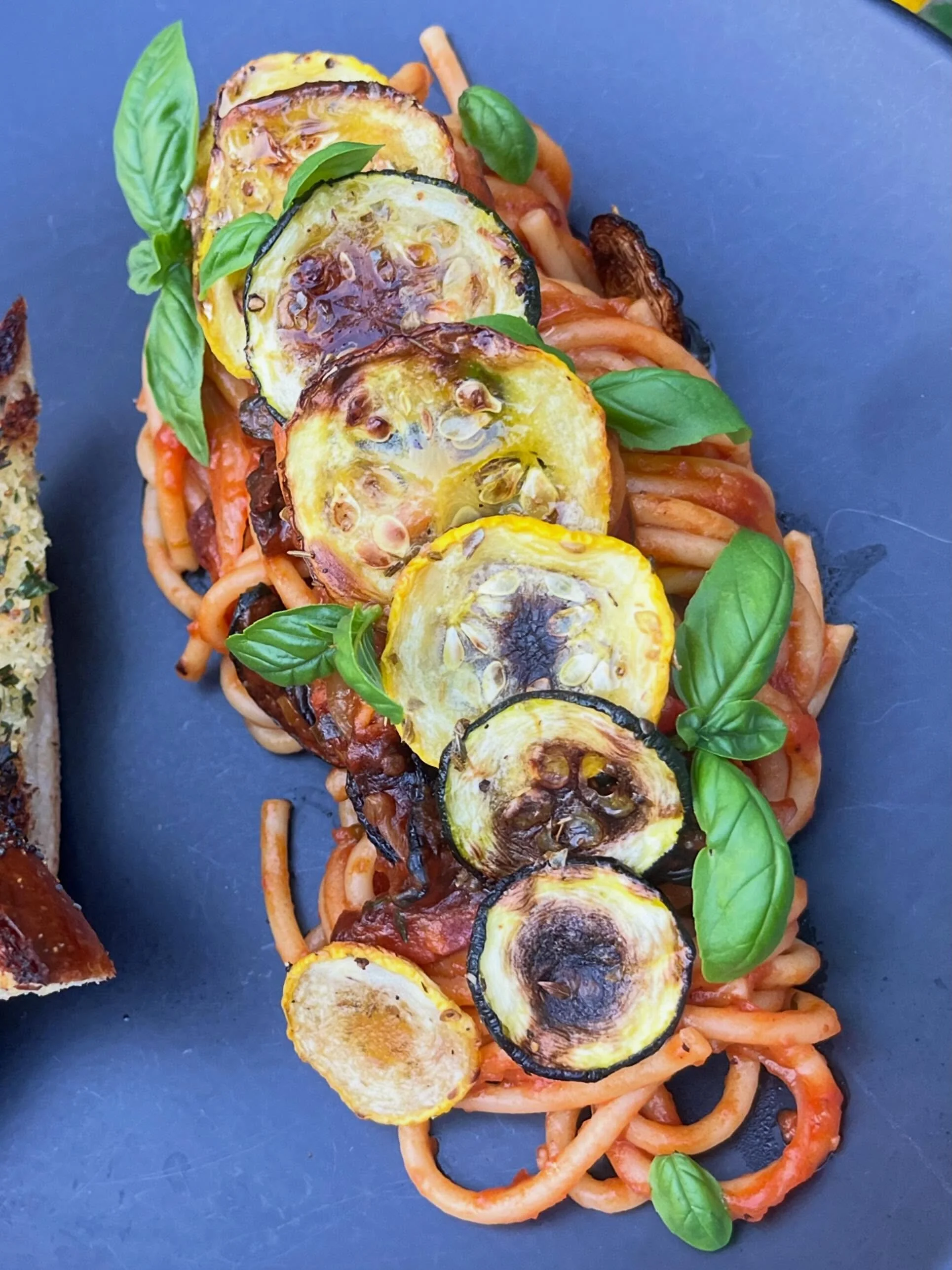 What&rsquo;s for supper? Summer Spaghetti 🍝🍅🧅🌶️🍆🥒🫑🌱

Tomato &amp; garlic based sauce with bell peppers, chilli, onion, zucchini, yellow squash, locally smoked polish bacon, and fresh herbs (rosemary, oregano, thyme, parsley, &amp; basil) from