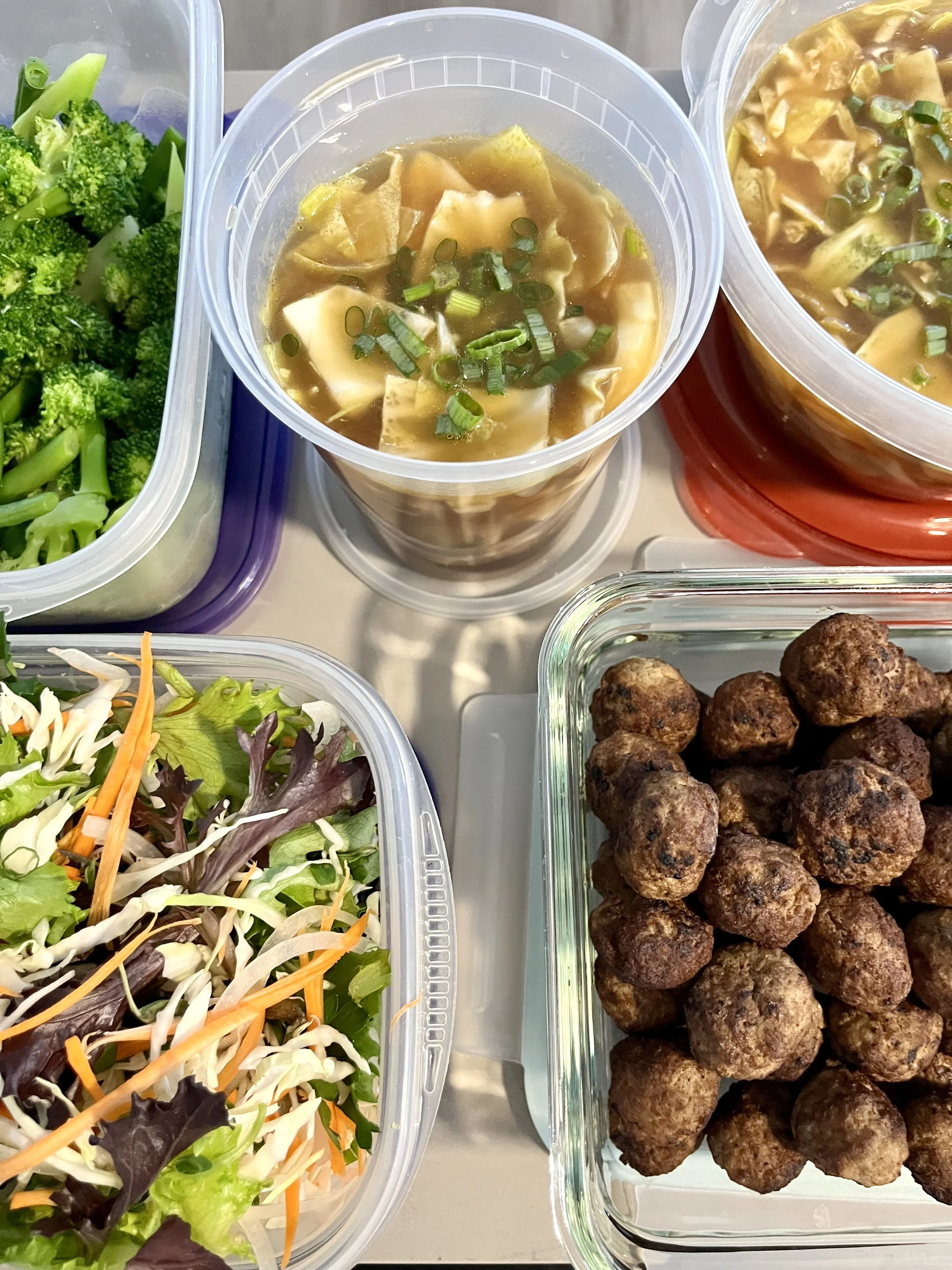 Meal Prep: Asian Inspired Slaw Salad, Asian Inspired Meatballs for Asian Brothy Soup, & Garlic Sautéed Veg