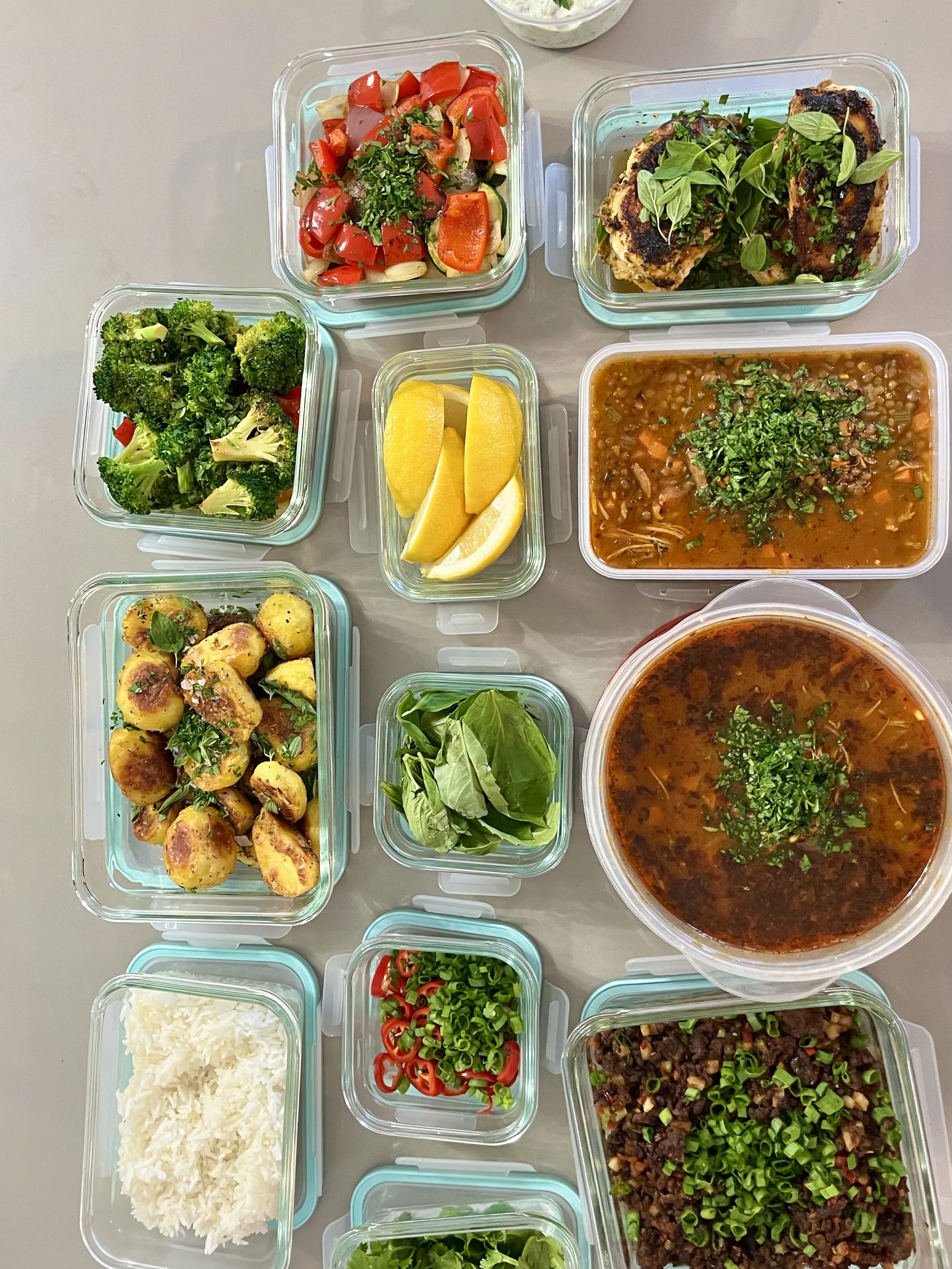 Meal Prep: Italian Lentil Soup, Asian Beef Lettuce Wraps, Greek Chicken, Veg, & Roast Potatoes 