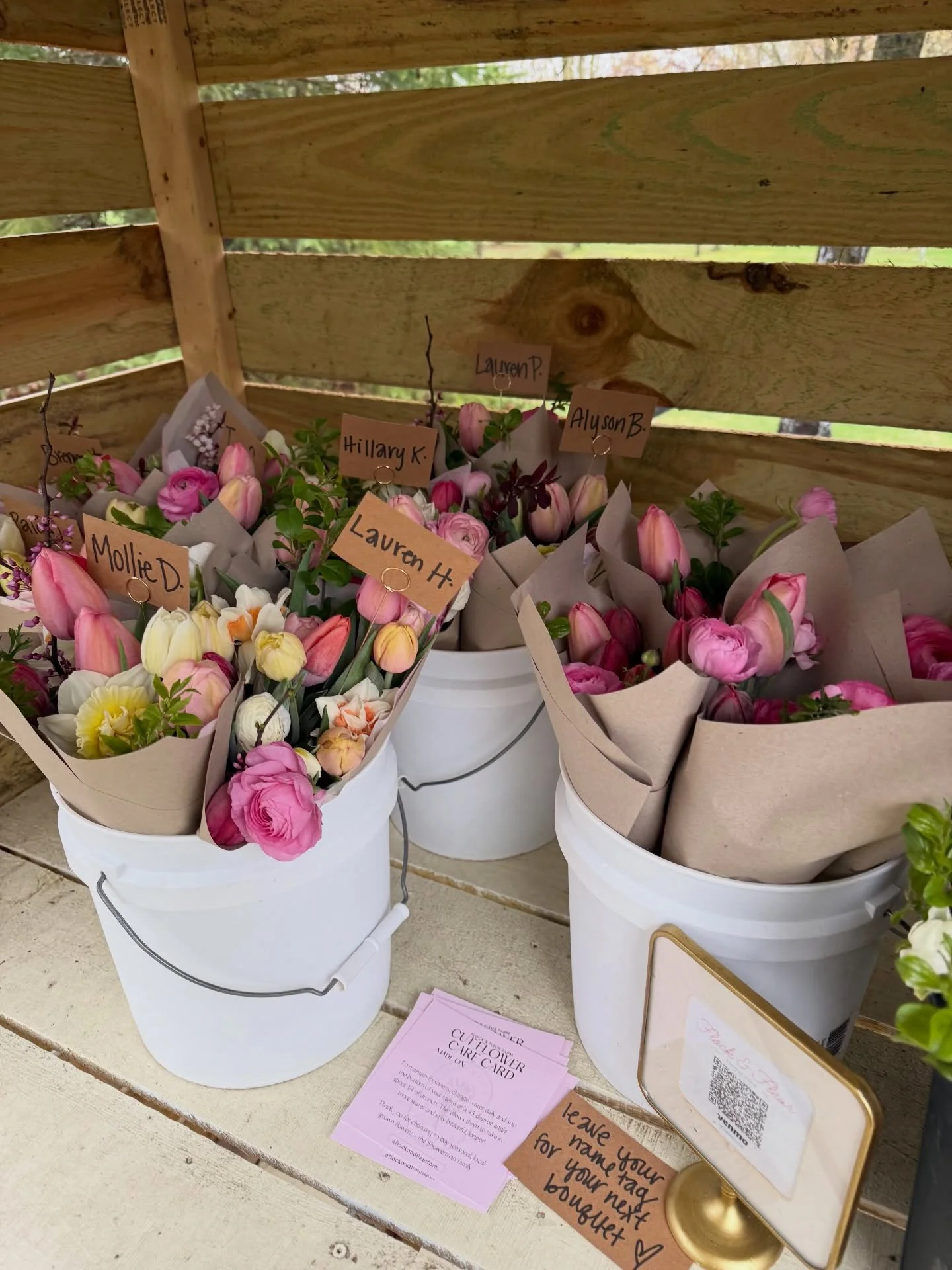 subscription bouquets &amp; mini bunches are out now! please keep in mind, the bouquets with name tags are pre purchased 🥹 flower shed is located under a big oak tree, 7470 Hague Ave Jackson MI 49201. please pull on the driveway completely or to the