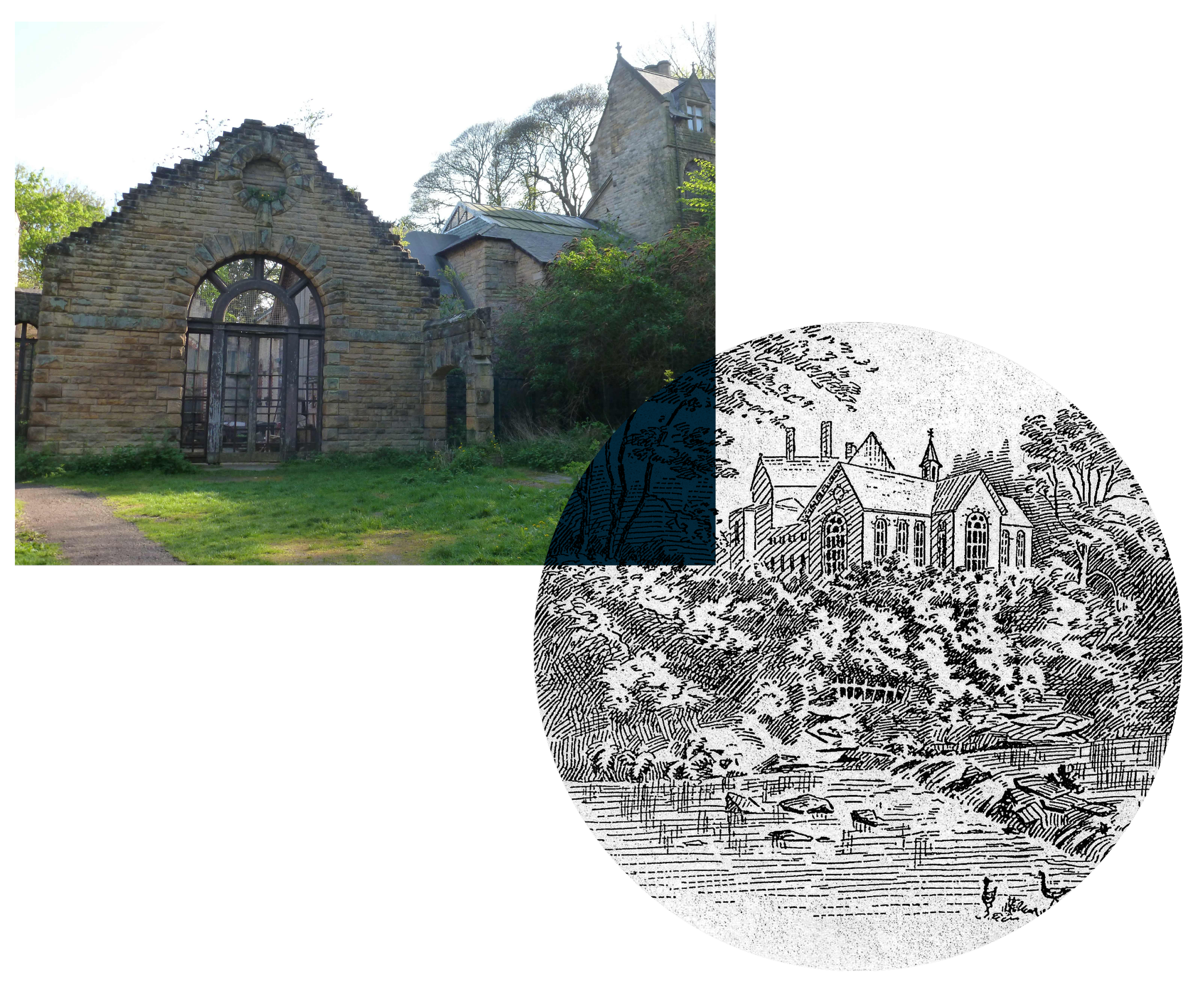 Jesmond Dene Banqueting Hall today – and as it appeared in the 1880s
