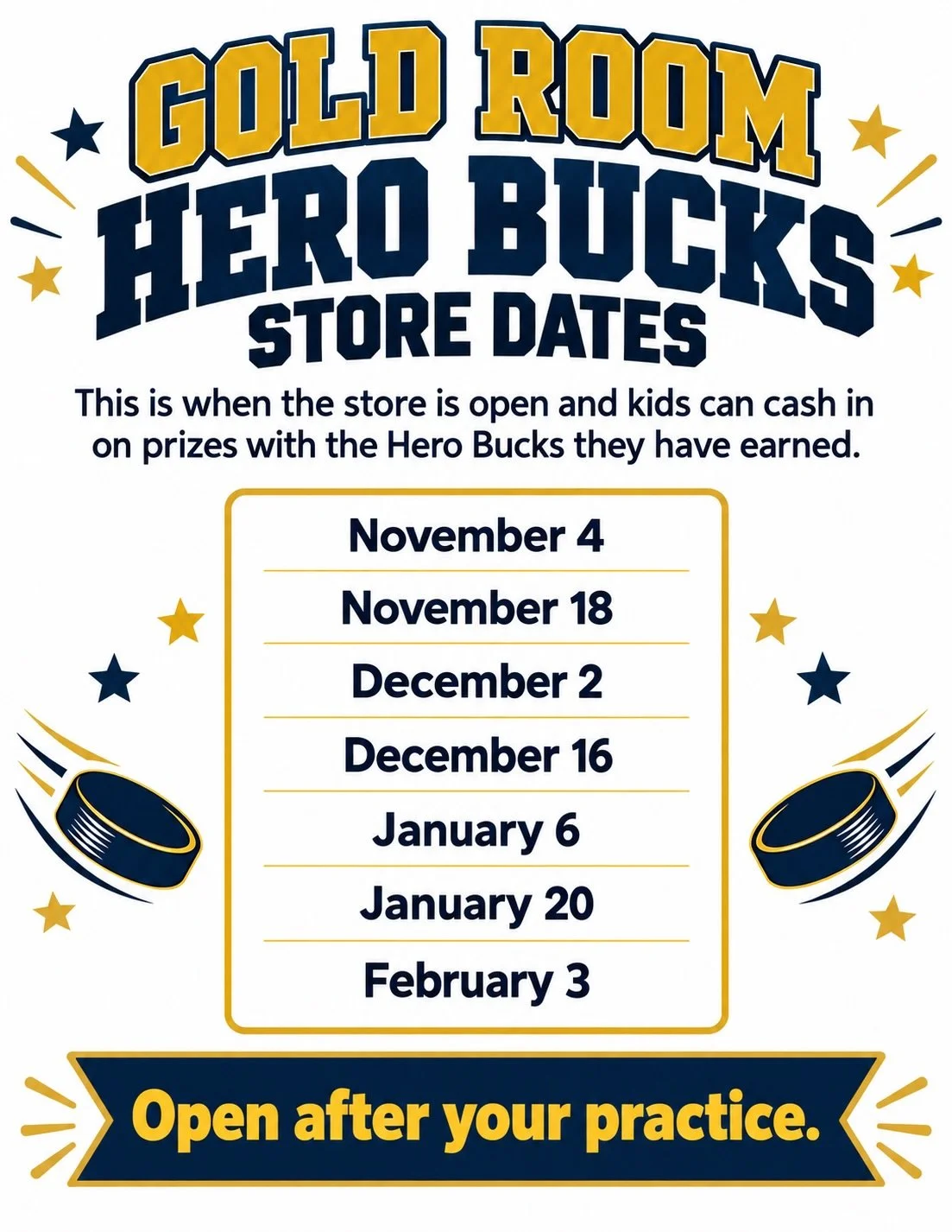 It&rsquo;s been great to see the kids using the Gold Education room to work on their homework and to learn more about the game with their coaches. Our first day of the team store being open will be after practice November 4th. Kids can cash in their 