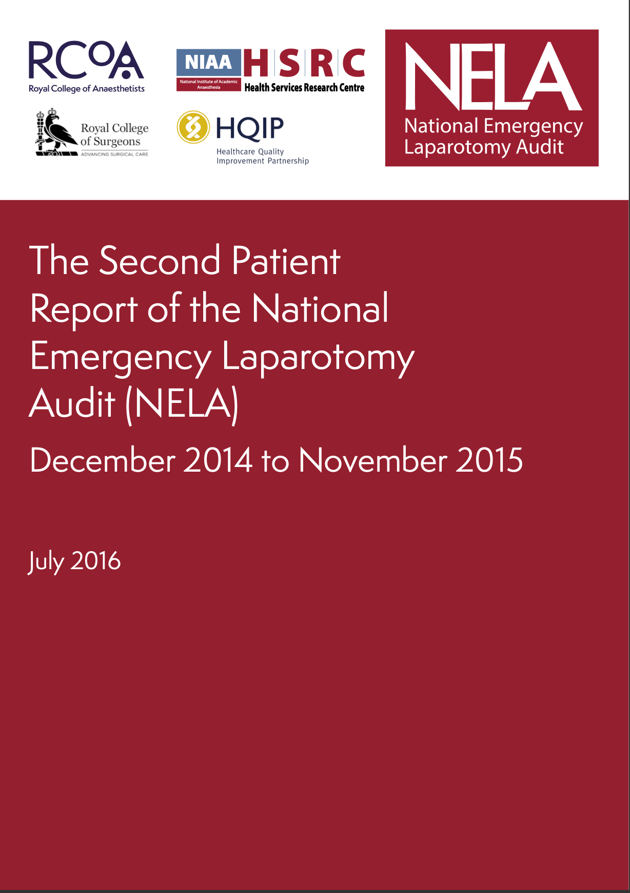Cover page of a report titled 'The Second Patient Report of the National Emergency Laparotomy Audit (NELA)', with logos of RCAS, NIAA HSRC, Royal College of Surgeons, and other organizations, dated July 2016.