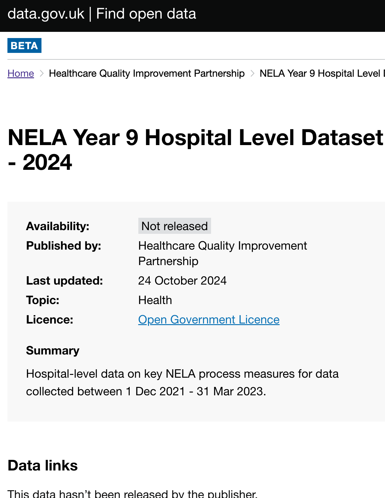 Screenshot of a web page showing a dataset titled 'NELA Year 9 Hospital Level Dataset - 2024' published by Healthcare Quality Improvement Partnership, last updated October 24, 2024, with the description about hospital-level data on key NELA process measures collected between December 1, 2021, and March 31, 2023.