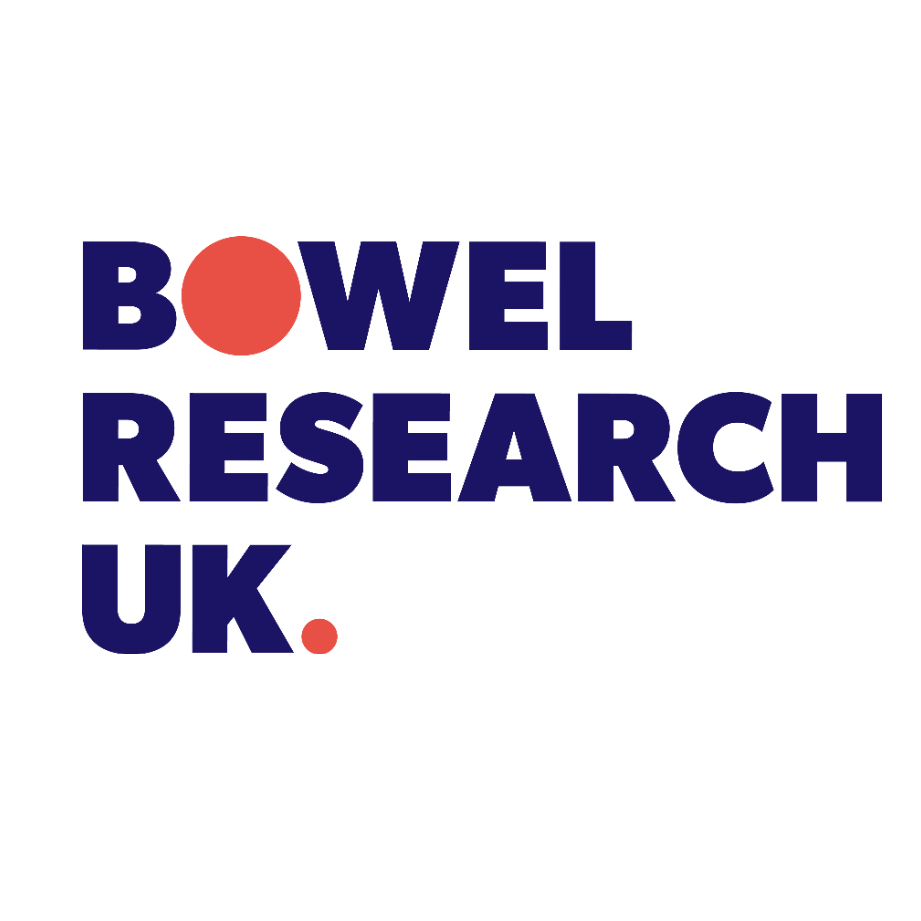 Logo for Bowel Research UK featuring black background, navy blue text, and a red dot replacing the letter 'O' in the word 'BOWEL'.
