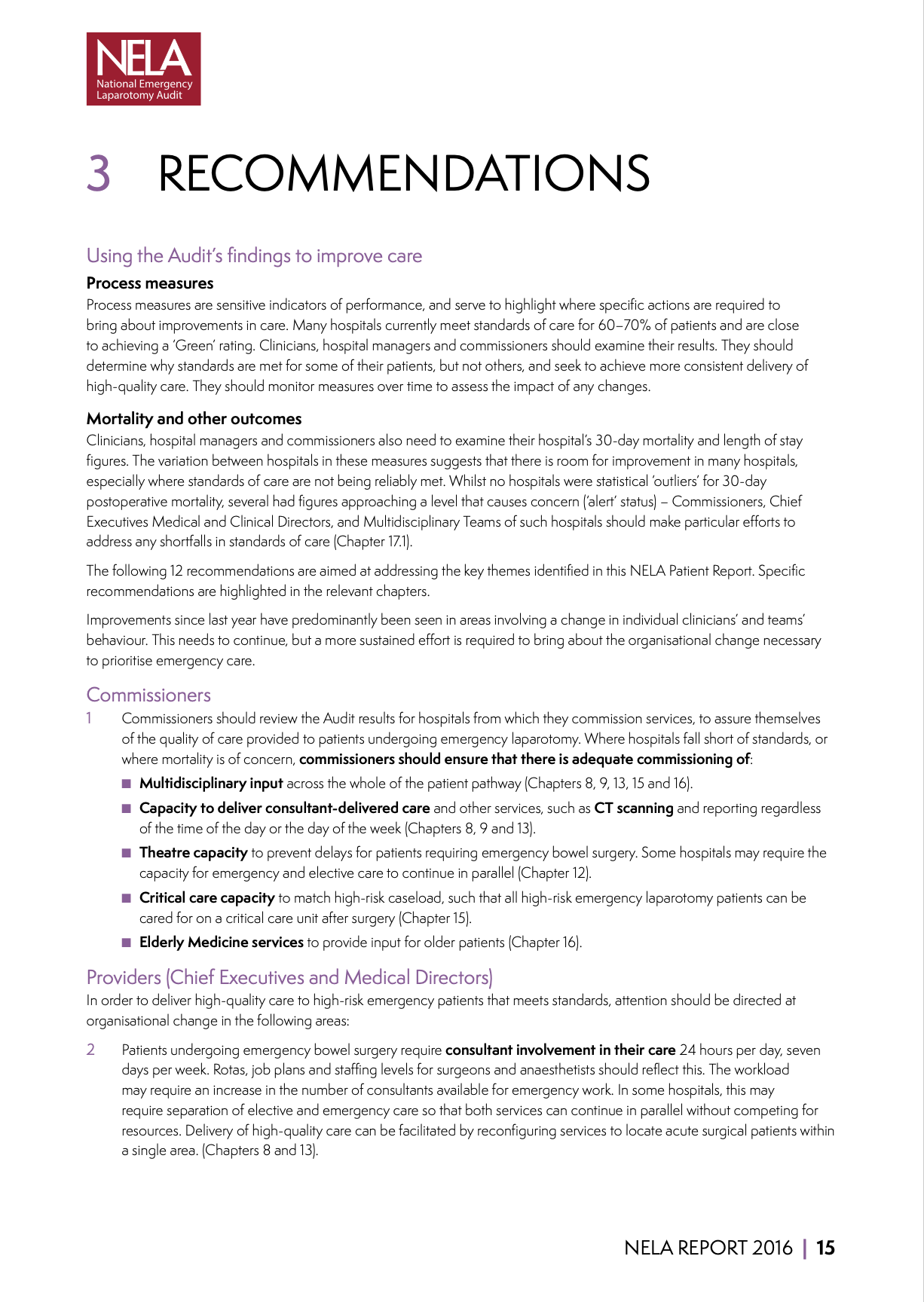 Page from a report with the NELA logo in the top left corner. Contains headings and text outlining recommendations for improving emergency care, including process measures and specific guidelines for commissioners and providers.
