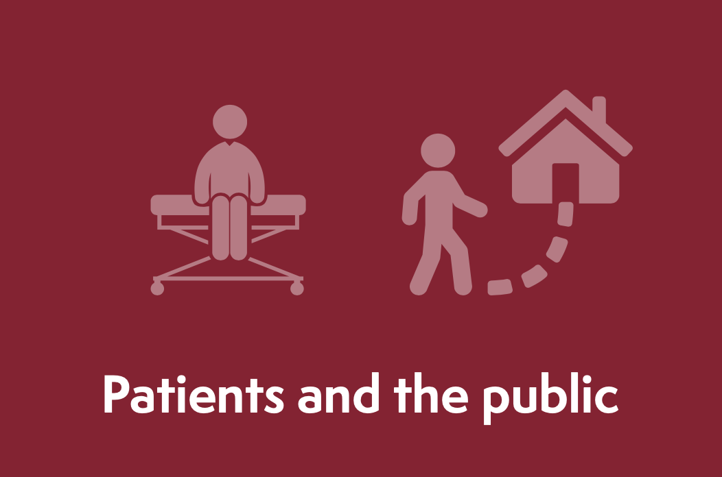 Graphic showing a patient on a hospital bed and a person walking towards a house, labeled "Patients and the public."