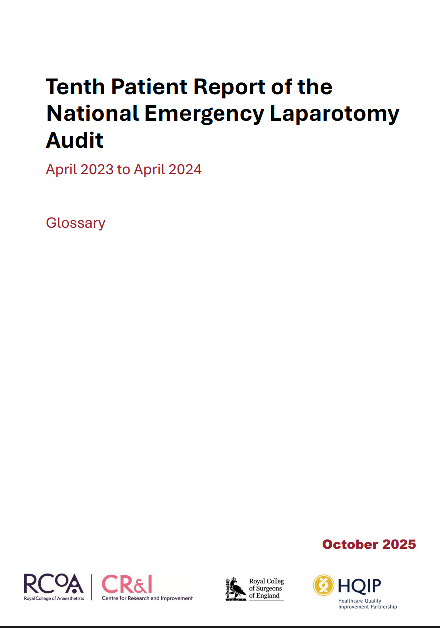 Cover page of a report titled 'Tenth Patient Report of the National Emergency Laparotomy Audit,' covering April 2023 to April 2024, published in October 2025 with logos of the Royal College of Anaesthetists, Centre for Research and Improvement, Royal College of Surgeons of England, and Healthcare Quality Improvement Partnership.