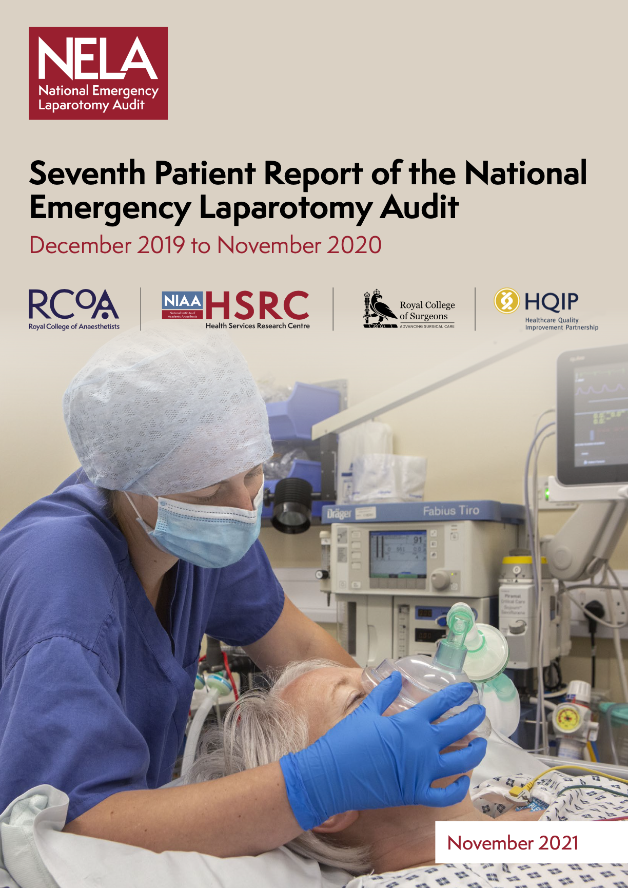 Cover page of a medical report showing a healthcare worker in scrubs and a mask administering oxygen to an elderly patient in a hospital bed, with medical equipment in the background.
