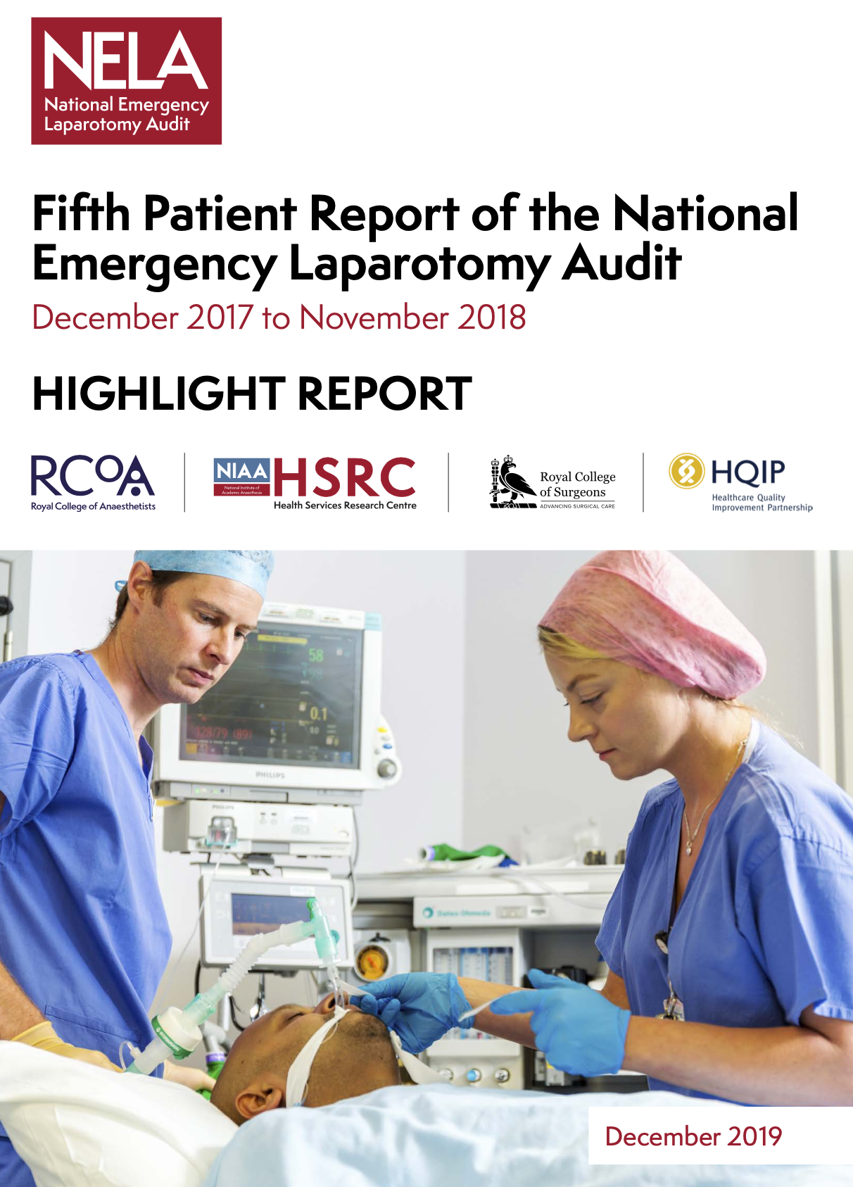 Cover of a report titled 'Fifth Patient Report of the National Emergency Laparotomy Audit' featuring medical professionals performing surgery on a patient in an operating room.