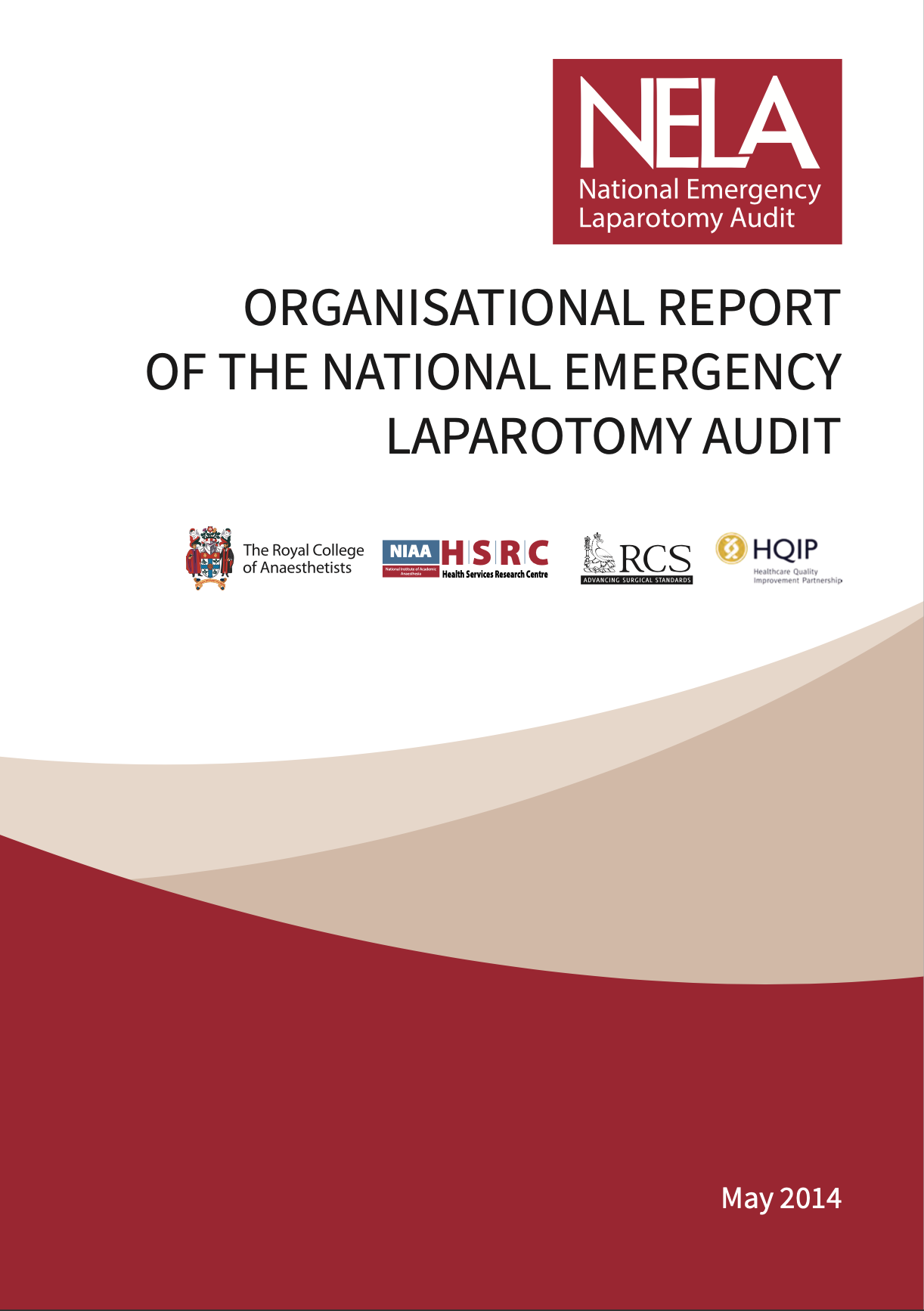 Cover page of the NELA National Emergency Laparotomy Audit organizational report with logos of various health organizations, date May 2014.
