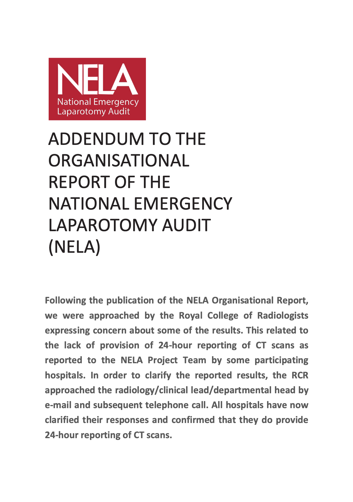 Cover page of a report titled 'Addendum to the Organisational Report of the National Emergency Laparotomy Audit (NELA)' with the NELA logo at the top.