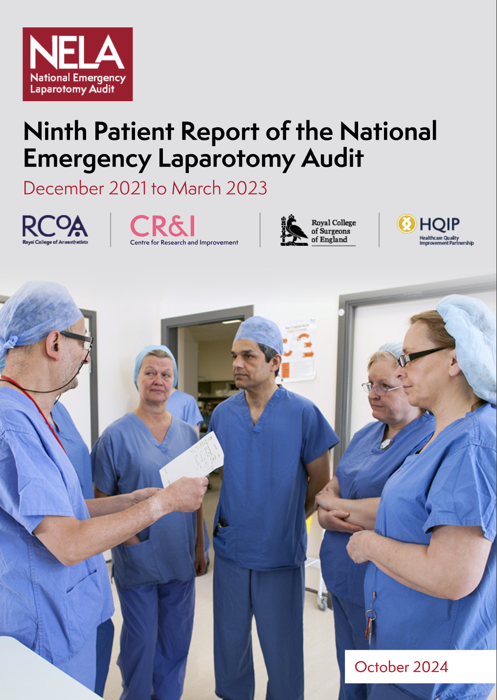 Cover page of the report titled 'Ninth Patient Report of the National Emergency Laparotomy Audit', showing a group of medical professionals in surgical scrubs standing in a hospital hallway, with some holding papers, and logos of affiliated organizations at the top.