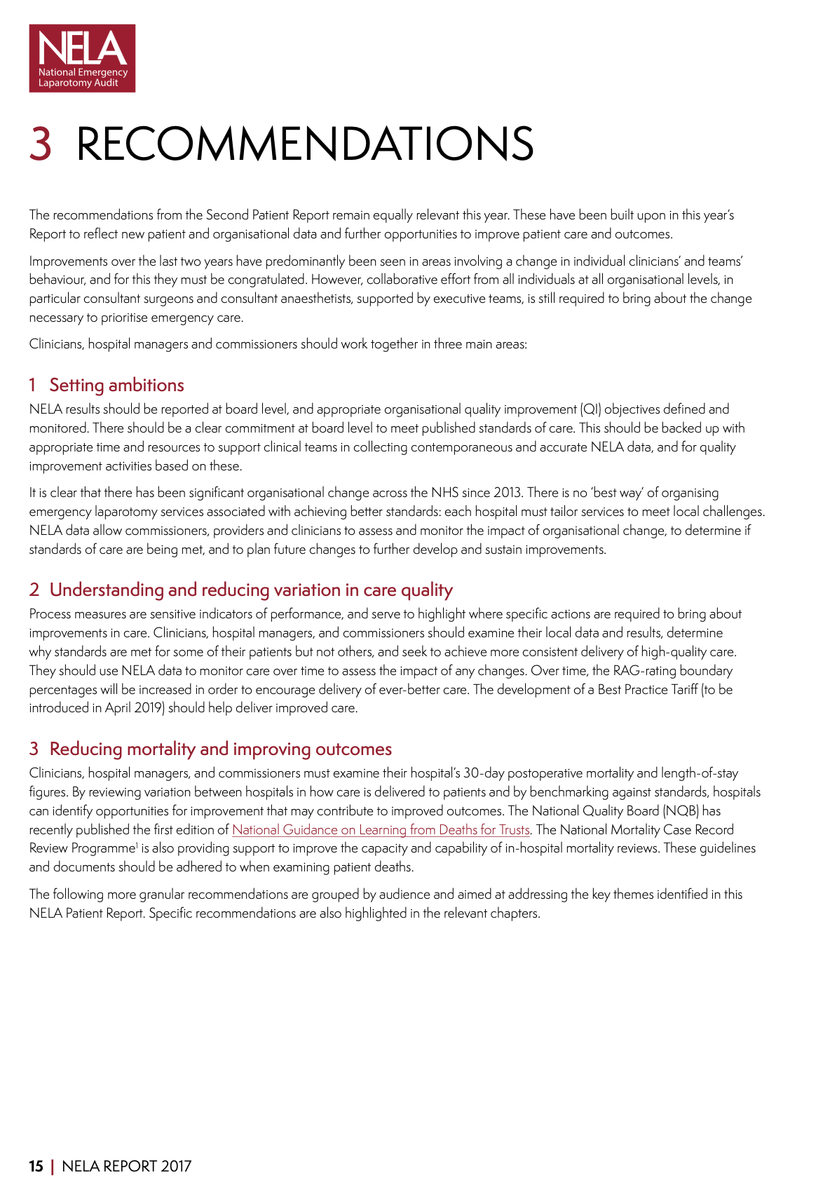 Page from a report titled 'NELA National Emergency Laparotomy Audit' with a heading ‘3 Recommendations’ and three numbered sections about setting ambitions, understanding and reducing variation in care quality, and reducing mortality and improving outcomes.