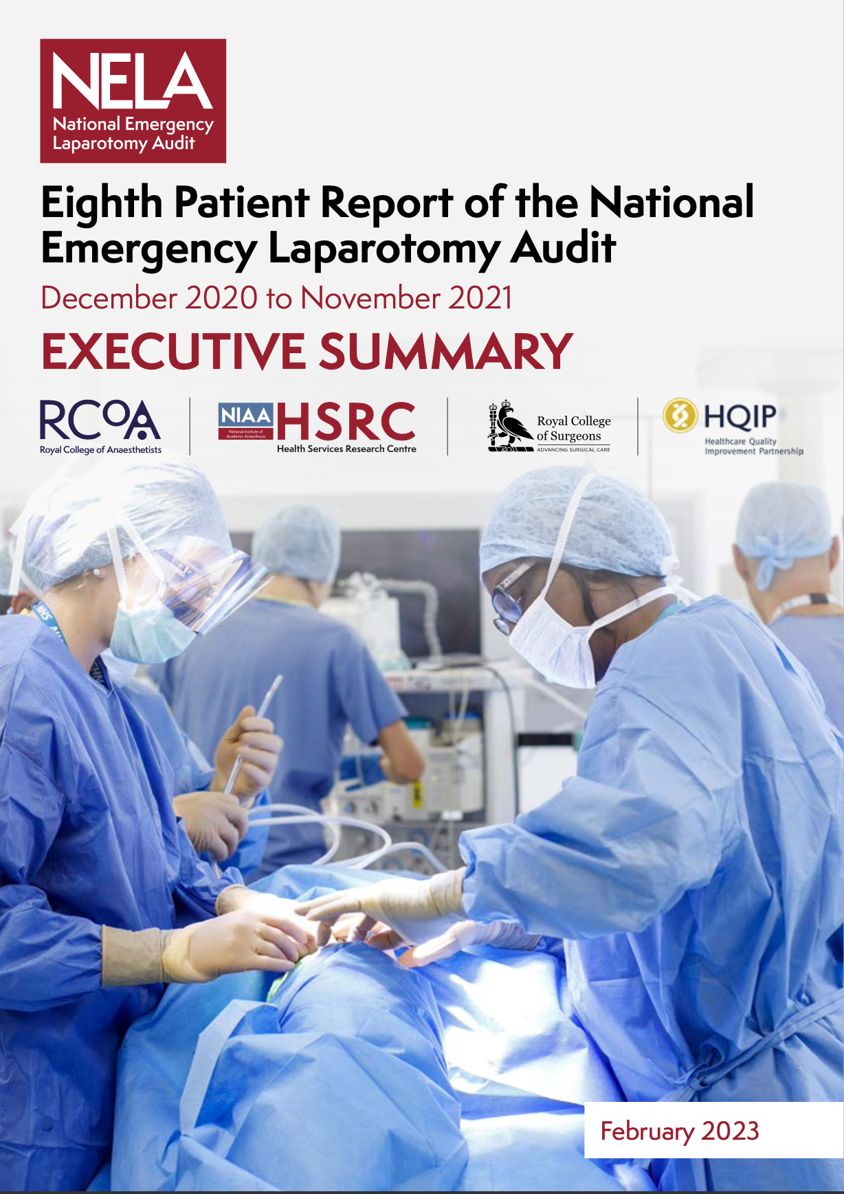 Cover page of the executive summary of the year eight NELA annual report with an image of surgeons operating in theatre.