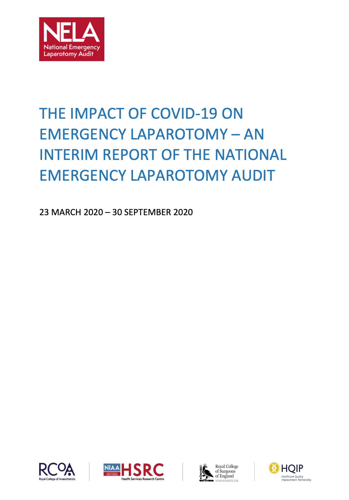Cover page of a report titled "The Impact of COVID-19 on Emergency Laparotomy — An Interim Report of the National Emergency Laparotomy Audit" issued between March 23, 2020, and September 30, 2020. The page features logos of various health organizations, including NELA, RCBA, HSRC, Royal College of Surgeons of England, and HQIP.