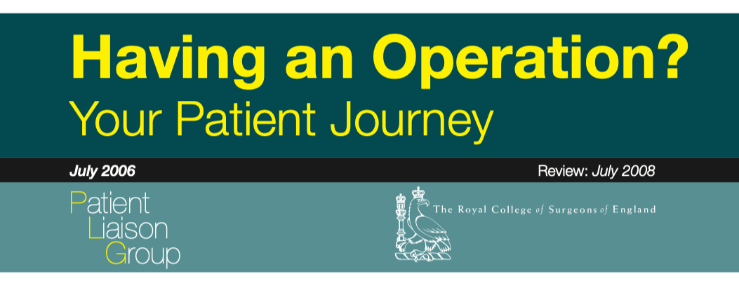 Cover page of a medical guide titled 'Having an Operation? Your Patient Journey' from July 2006, reviewed in July 2008, produced by the Patient Liaison Group of the Royal College of Surgeons of England.