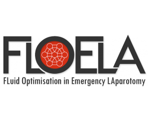 Logo with the text 'FLOLA' and a graphic of interconnected circles inside a red circle, with the subtitle 'Fluid Optimisation in Emergency Laparotomy'.
