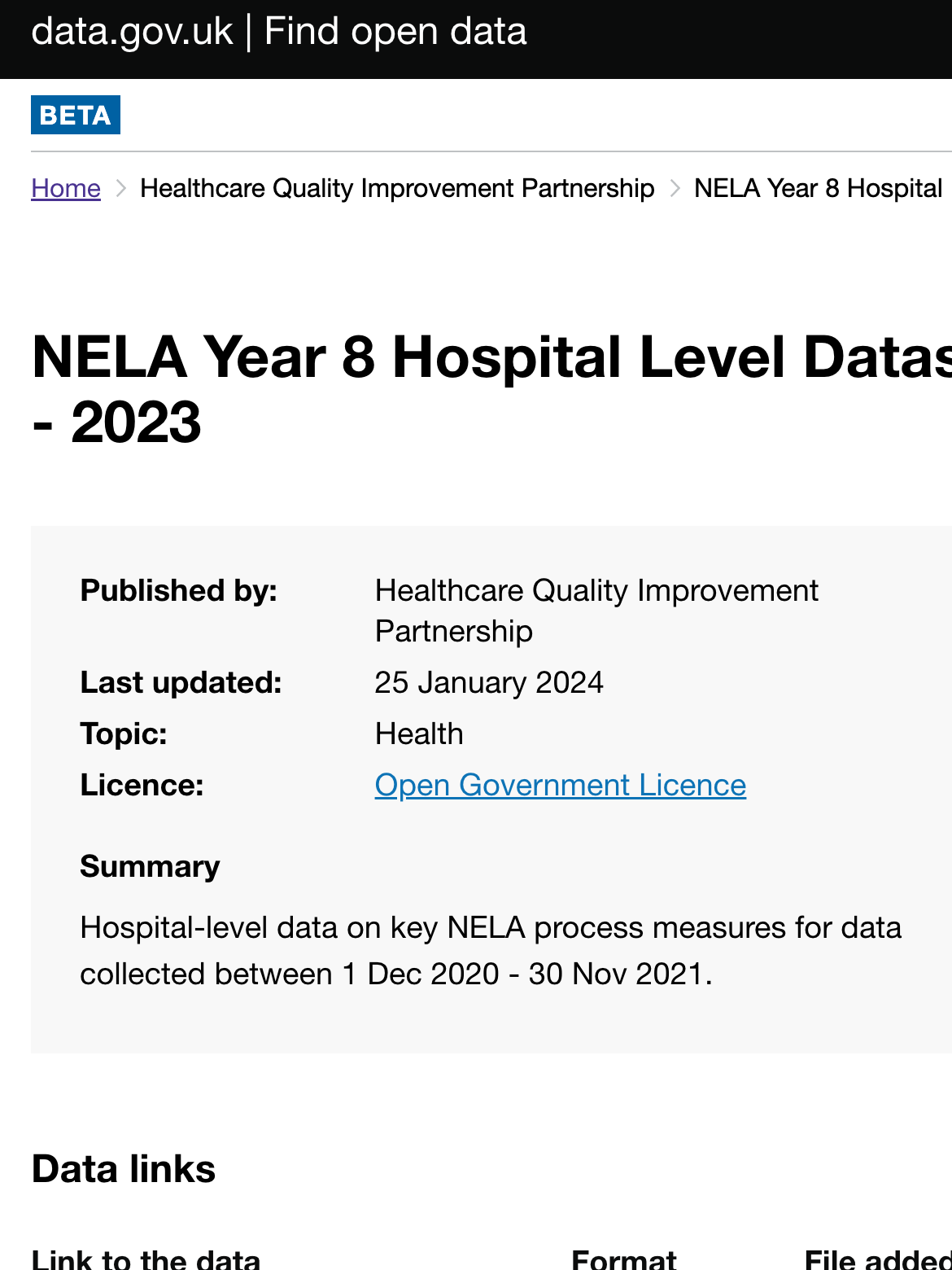 Screenshot of a webpage titled "NELA Year 8 Hospital Level Data - 2023" from data.gov.uk, showing details about a health data report published by the Healthcare Quality Improvement Partnership, last updated on January 25, 2024, with a focus on hospital data collected between December 2020 and November 2021.