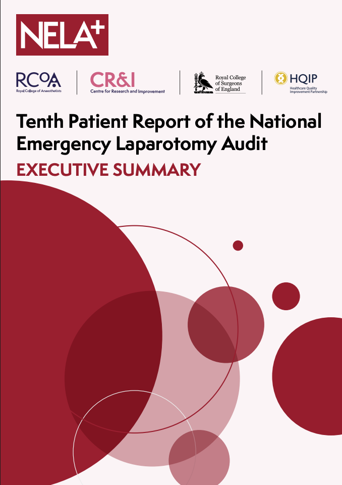 Cover page of a report titled 'Tenth Patient Report of the National Emergency Laparoscopy Audit' with logos of NEL, RCOA, CR&I, Royal College of Surgeons of England, and Healthcare Quality Improvement Partnership, featuring a design of overlapping circles in red and pink tones.