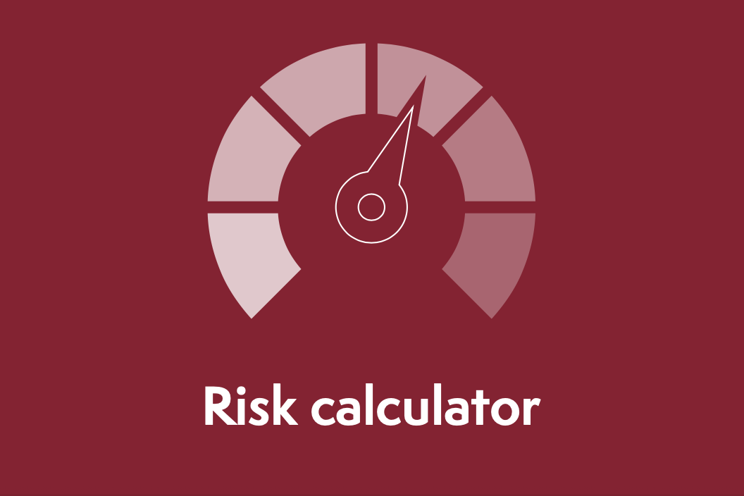 A red background with a gauge indicating high risk and the text 'Risk calculator' below.