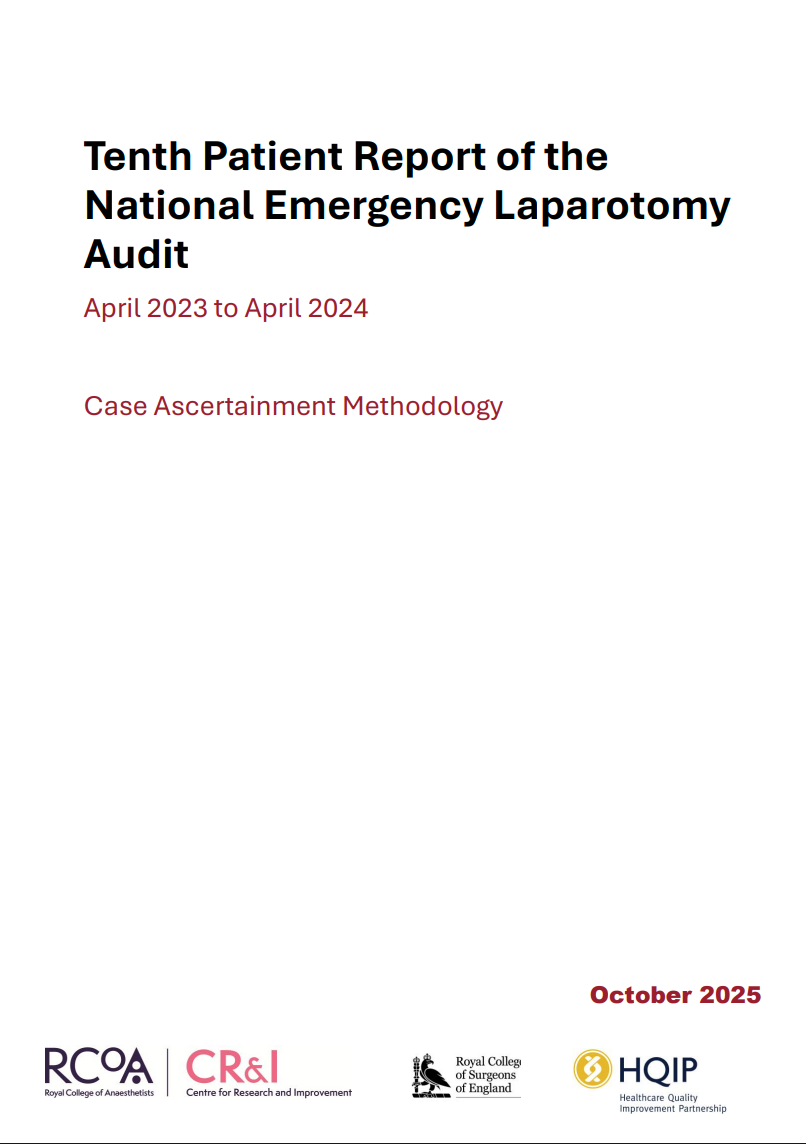 Cover page of a report titled 'Tenth Patient Report of the National Emergency Laparotomy Audit', dated October 2025, with logos of RCAS, CR&I, Royal College of Surgeons of England, and HQIP at the bottom.