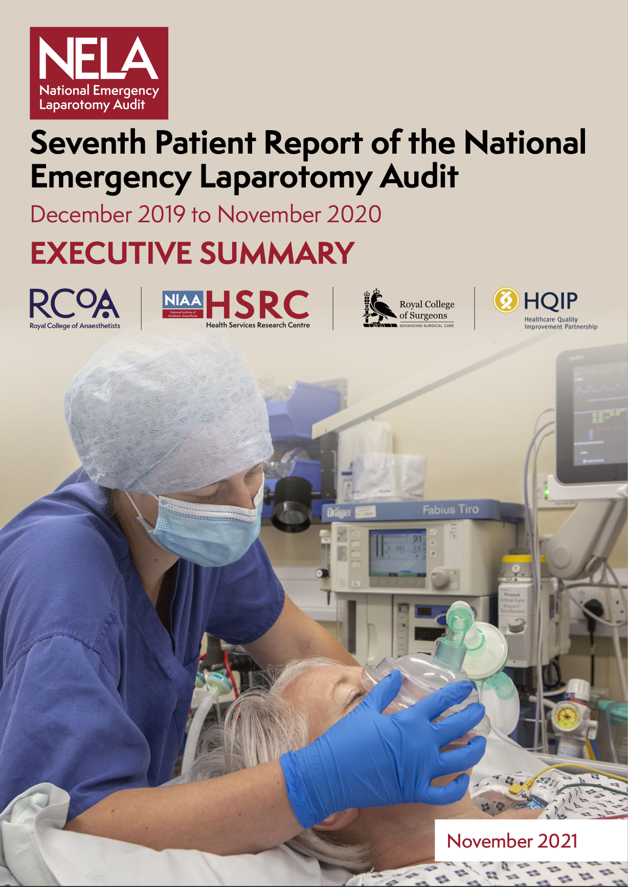 Cover page of the seventh patient report of the national emergency laryngoscopy audit, showing a healthcare professional in scrubs and mask administering oxygen to an elderly patient in a hospital bed, with medical equipment in the background.