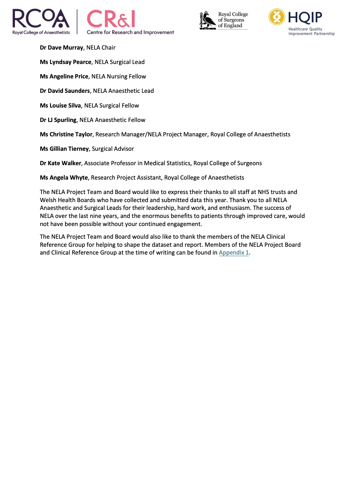 A document with logos and text thanking staff and members of the NELA Project Team and Board for their contributions, featuring logos of the Royal College of Anaesthetists, Centre for Research and Improvement, Royal College of Surgeons of England, and Healthcare Quality Improvement Partnership.