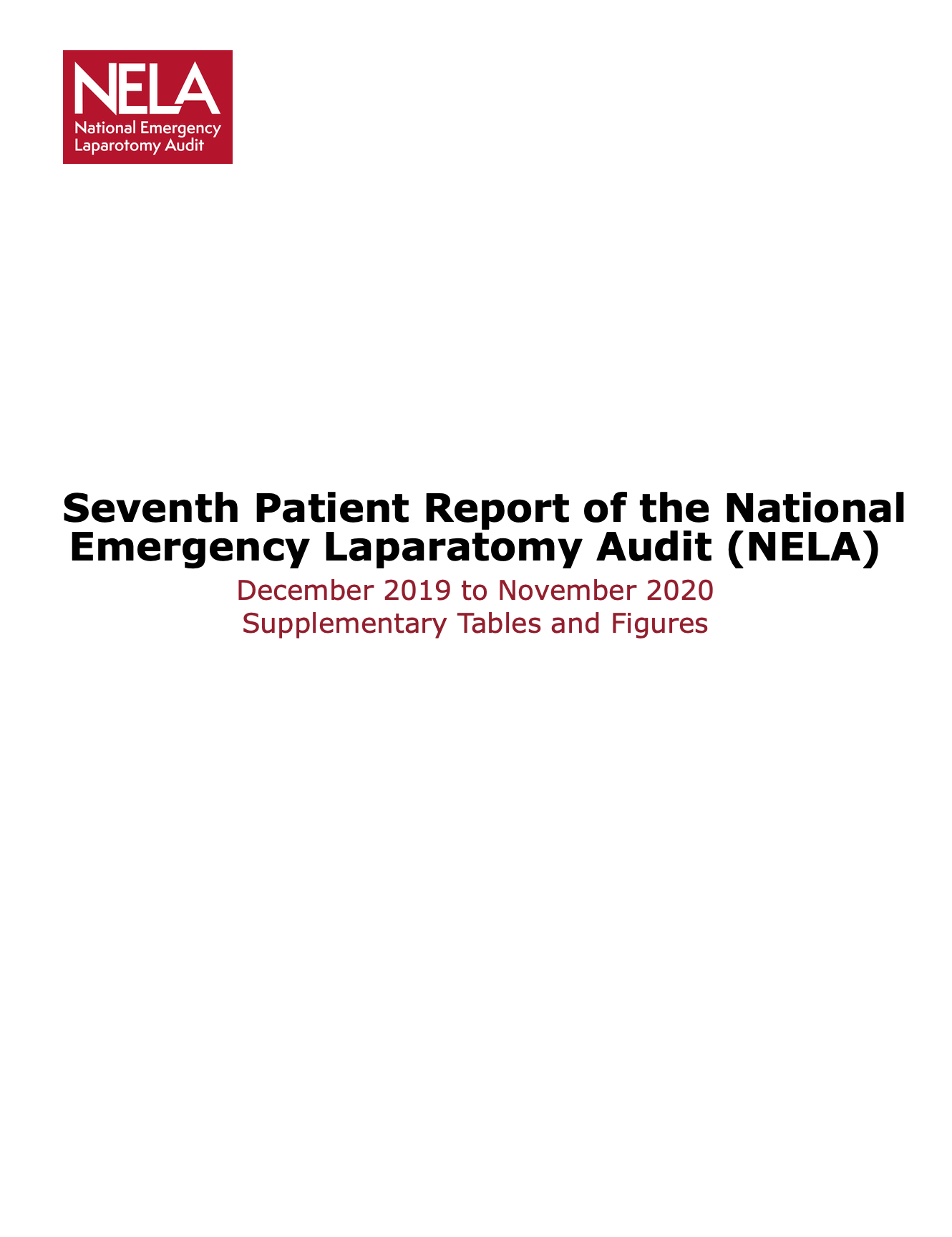 Cover page of the seventh patient report for the National Emergency Laparotomy Audit (NELA), covering December 2019 to November 2020, with the NELA logo in the top left corner.