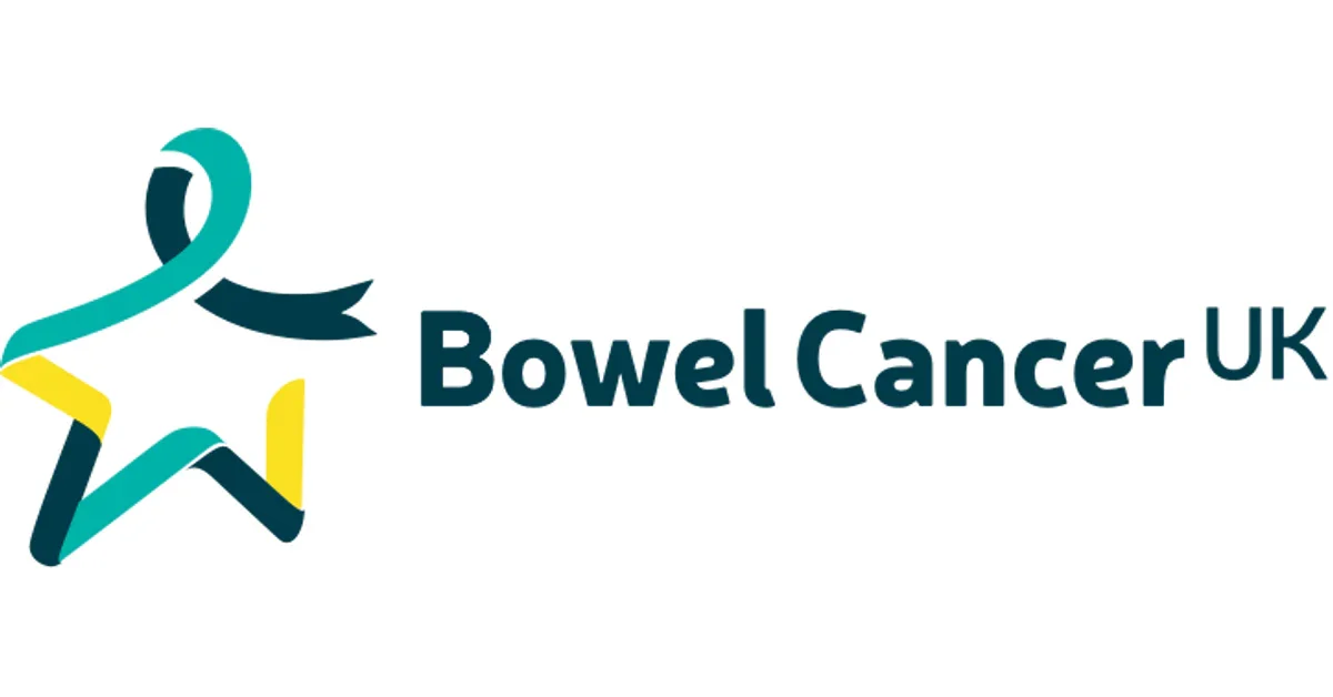 Bowel Cancer UK logo with a star made of teal, navy, and yellow ribbon lines and the organization name in bold black text.