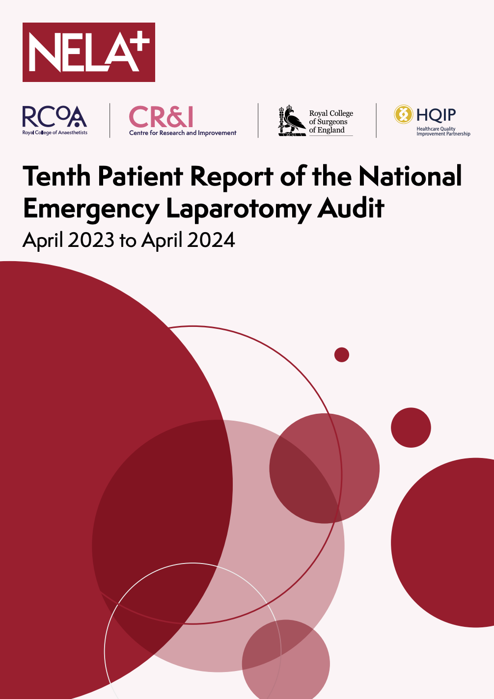 Cover page of a report titled "Tenth Patient Report of the National Emergency Laparotomy Audit, April 2023 to April 2024," featuring logos of NELA, RCGA, CR&I, Royal College of Surgeons of England, and HQIP, with a design of overlapping red and pink circles.