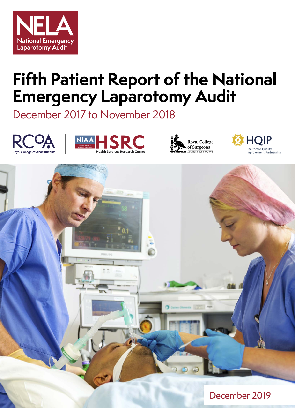 Cover page of a report showing two medical professionals attending to a patient in an operating room, with monitors and medical equipment in the background.