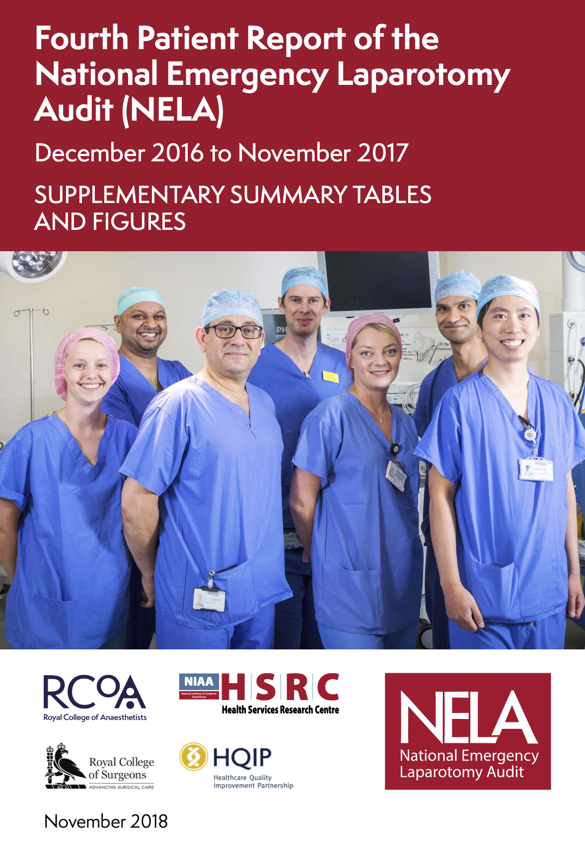 Cover page of a report titled "Fourth Patient Report of the National Emergency Laparotomy Audit (NELA)" with a group of seven medical professionals in scrubs smiling in a hospital operating room.