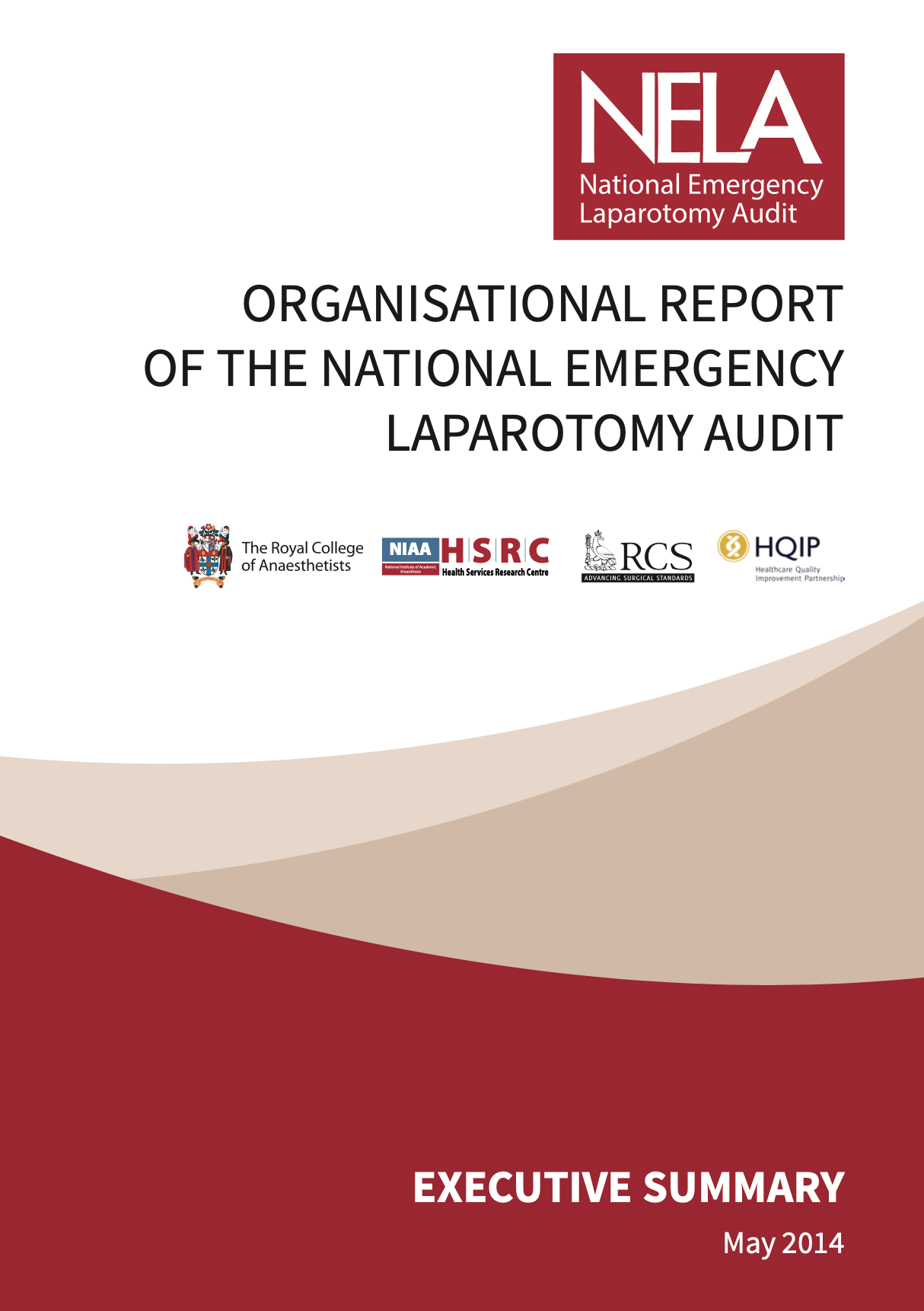 Cover page of the NELA National Emergency Laparotomy Audit organizational report, May 2014, featuring logos of the Royal College of Anaesthetists, NELA, HSRC, RCS, and HQIP.