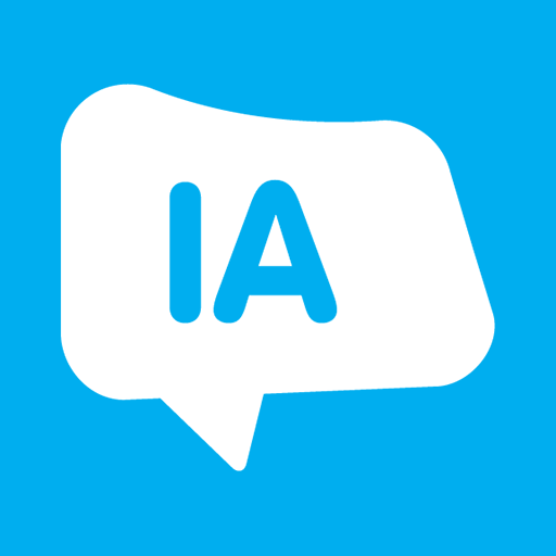 Blue background with a white speech bubble containing the letters 'IA' in blue.