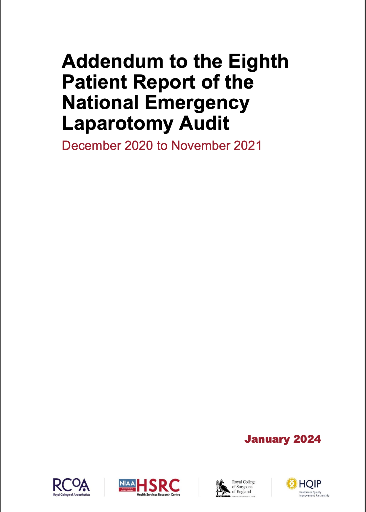 Cover page of a report titled 'Addendum to the Eighth Patient Report of the National Emergency Laparotomy Audit' with date range December 2020 to November 2021 and January 2024, logos of RCOA, NIAA HSRC, Royal College of Surgeons of England, and HQIP at the bottom.