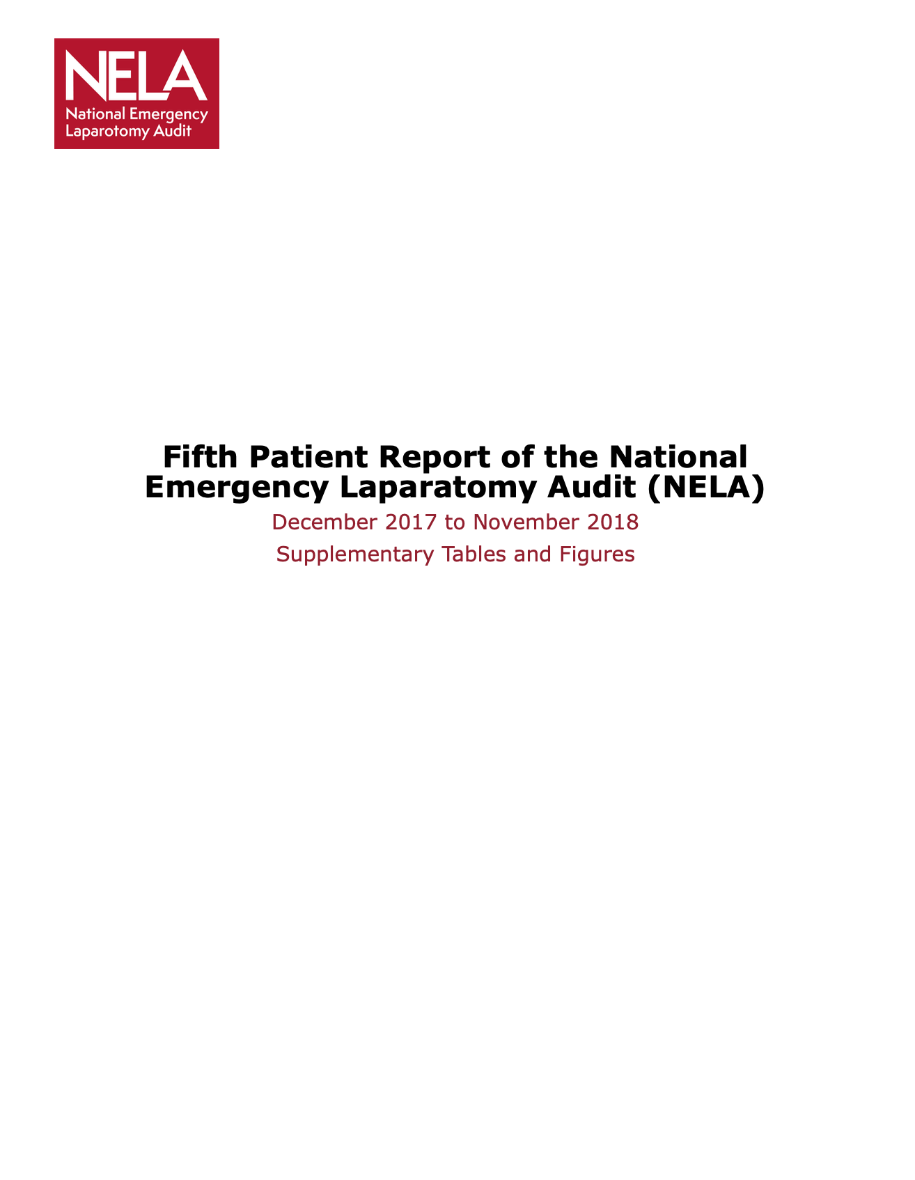 Title page of a report titled "Fifth Patient Report of the National Emergency Laparotomy Audit (NELA), December 2017 to November 2018," with a red NELA logo in the top left corner.