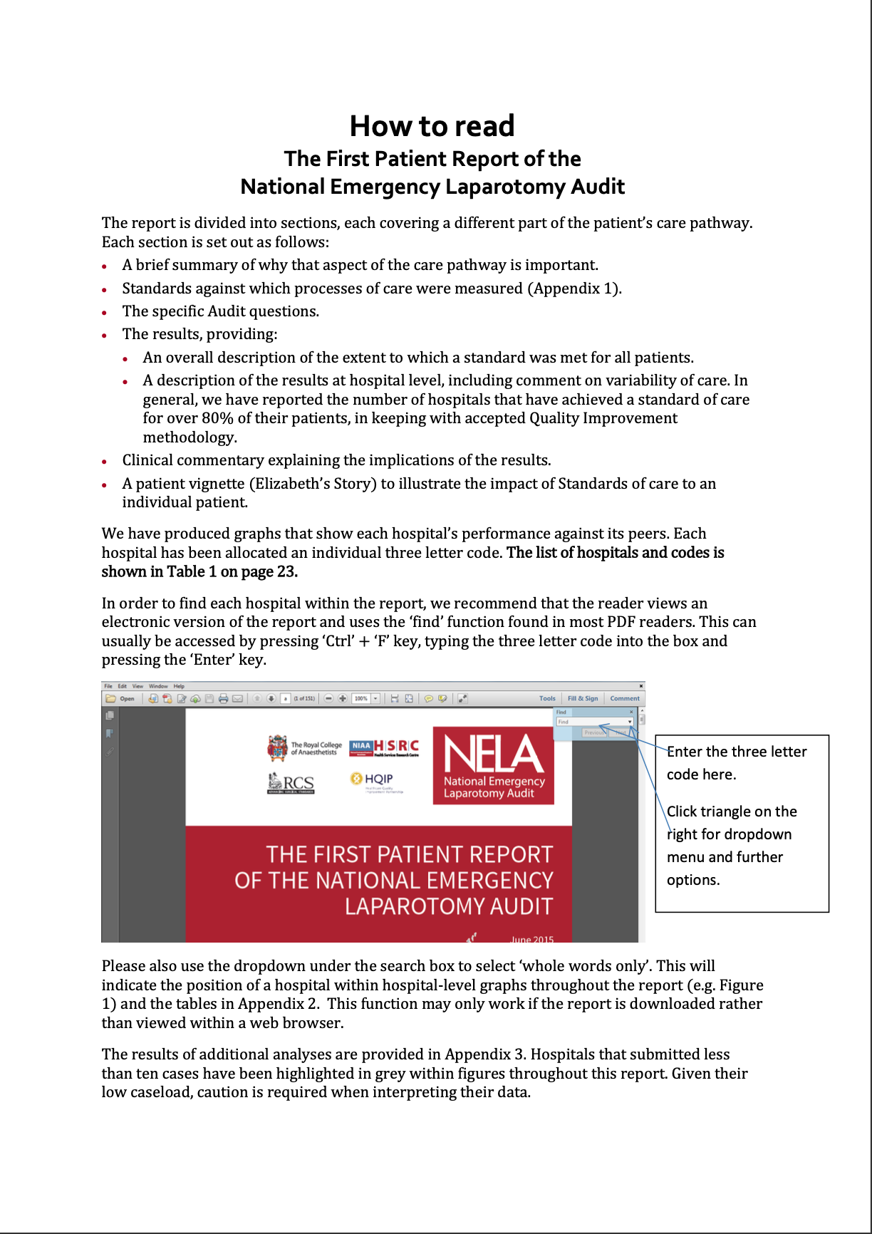 A document titled "How to read The First Patient Report of the National Emergency Laparotomy Audit." The document explains how to interpret the report, including sections on care pathway standards, audit questions, results, clinical implications, and patient vignette. It features a screenshot of the report cover with logos and instructions for viewing the report electronically, highlighting how to enter a three-letter hospital code and use dropdown menus for navigation.