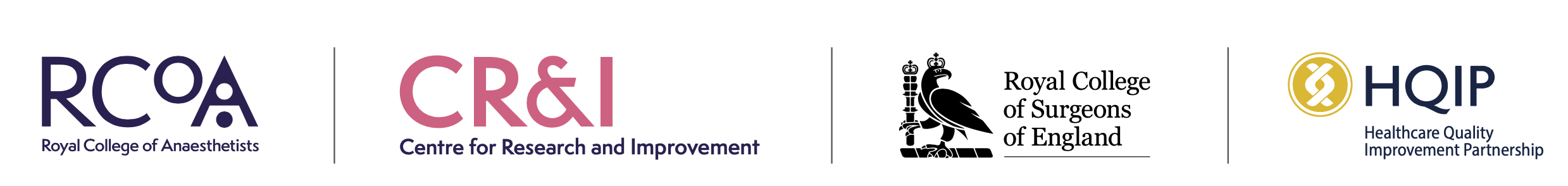 Logos of organizations involved in healthcare and research including the Royal College of Anaesthetists, Centre for Research and Improvement, Royal College of Surgeons of England, and Healthcare Quality Improvement Partnership.
