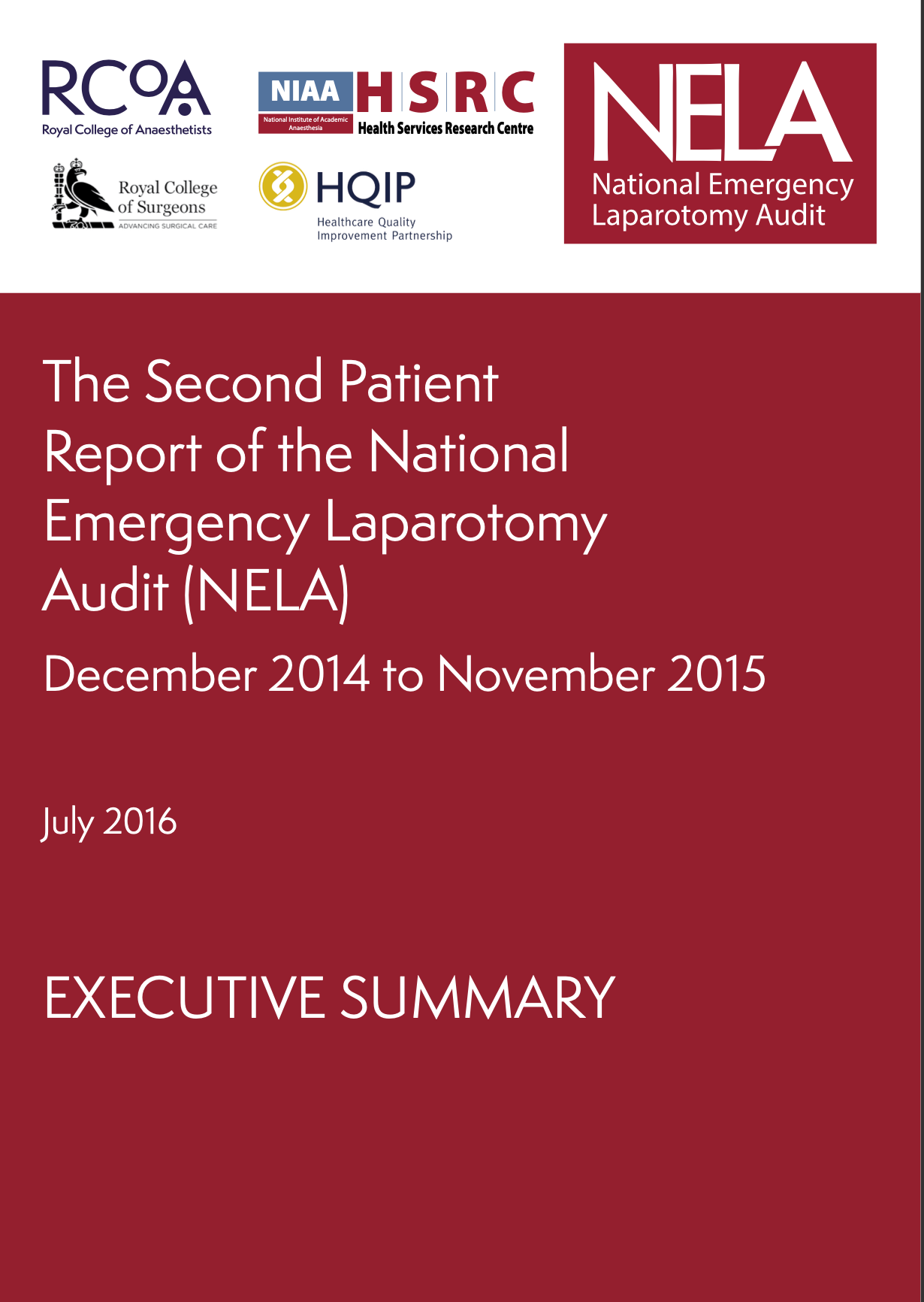 Cover page of the NELA (National Emergency Laparotomy Audit) report, July 2016, detailing the second patient report from December 2014 to November 2015, with logos of various health organizations at the top.