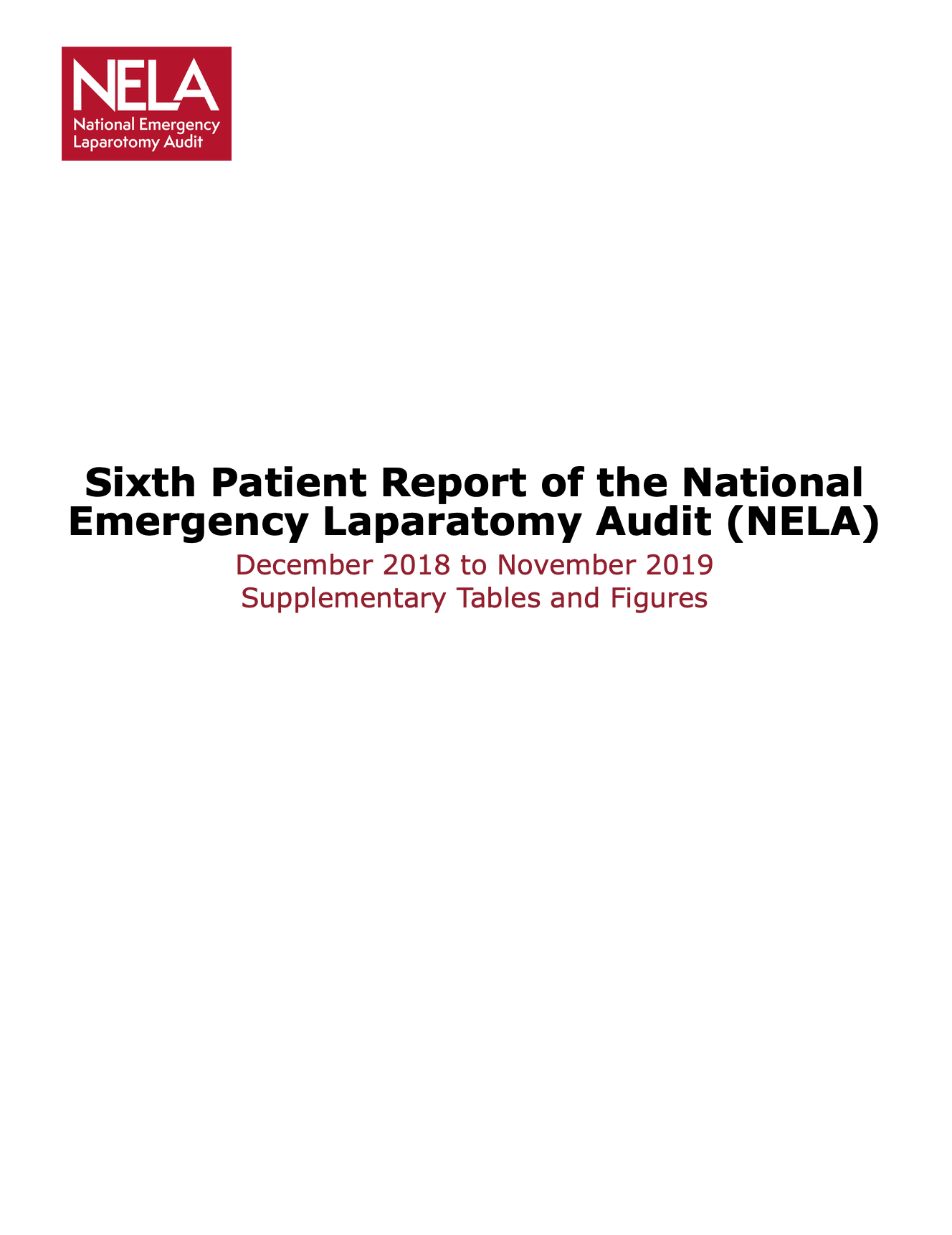 Cover page of a report titled "Sixth Patient Report of the National Emergency Laparotomy Audit (NELA)" with the NELA logo in the top left corner. The report covers data from December 2018 to November 2019 and focuses on supplementary tables and figures.