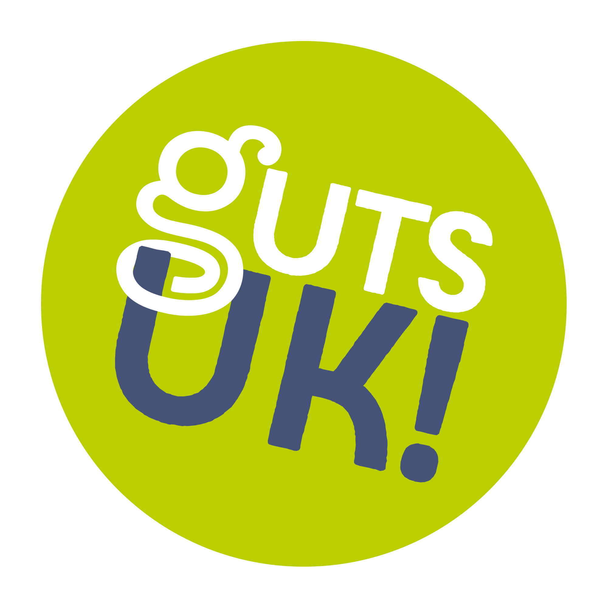 Circular emblem with green background and the text 'GUTS GUY!' in white and dark blue, arranged diagonally.