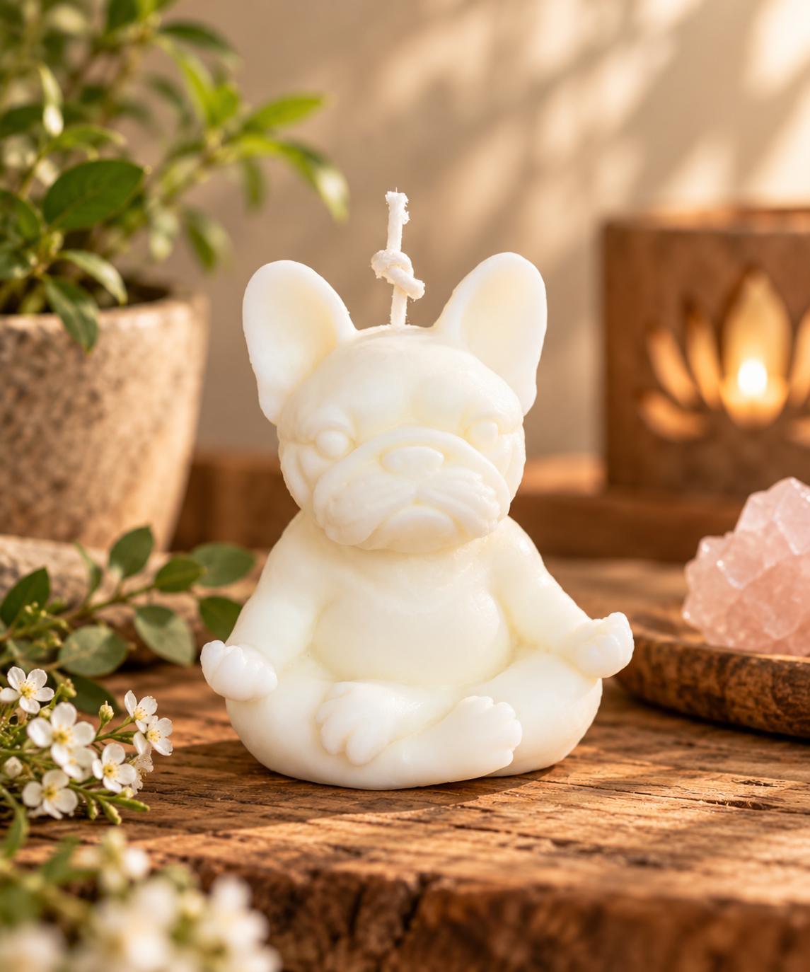 Meditating French Bulldog Candle in a Zen Setting.png