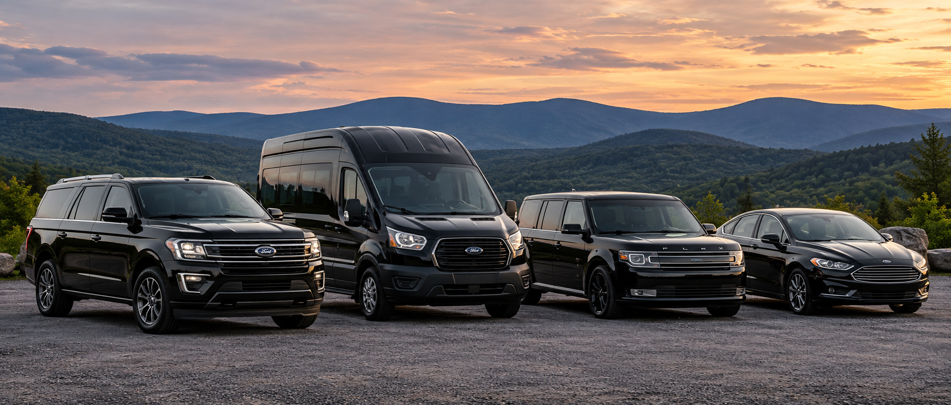 Peak Transport fleet of black SUVs, van and sedan