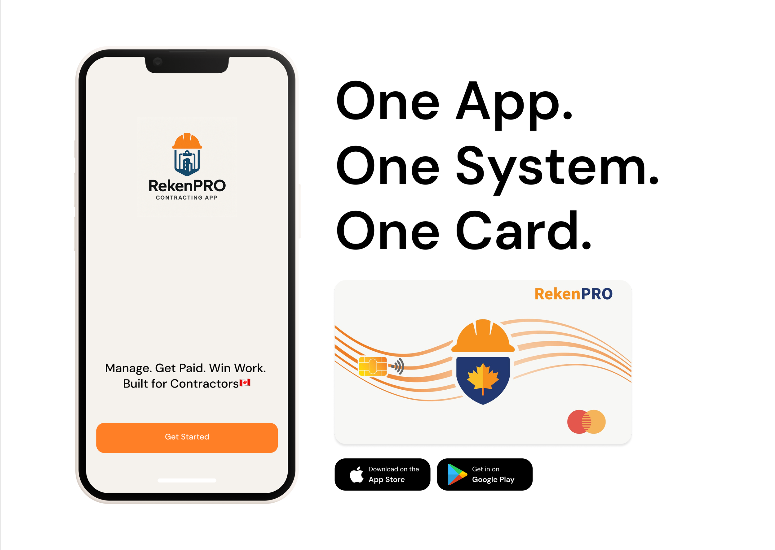 Advertisement for RekenPRO contracting app featuring a smartphone screen and a debit/credit card, with the slogan 'One App. One System. One Card.' and download icons for App Store and Google Play.