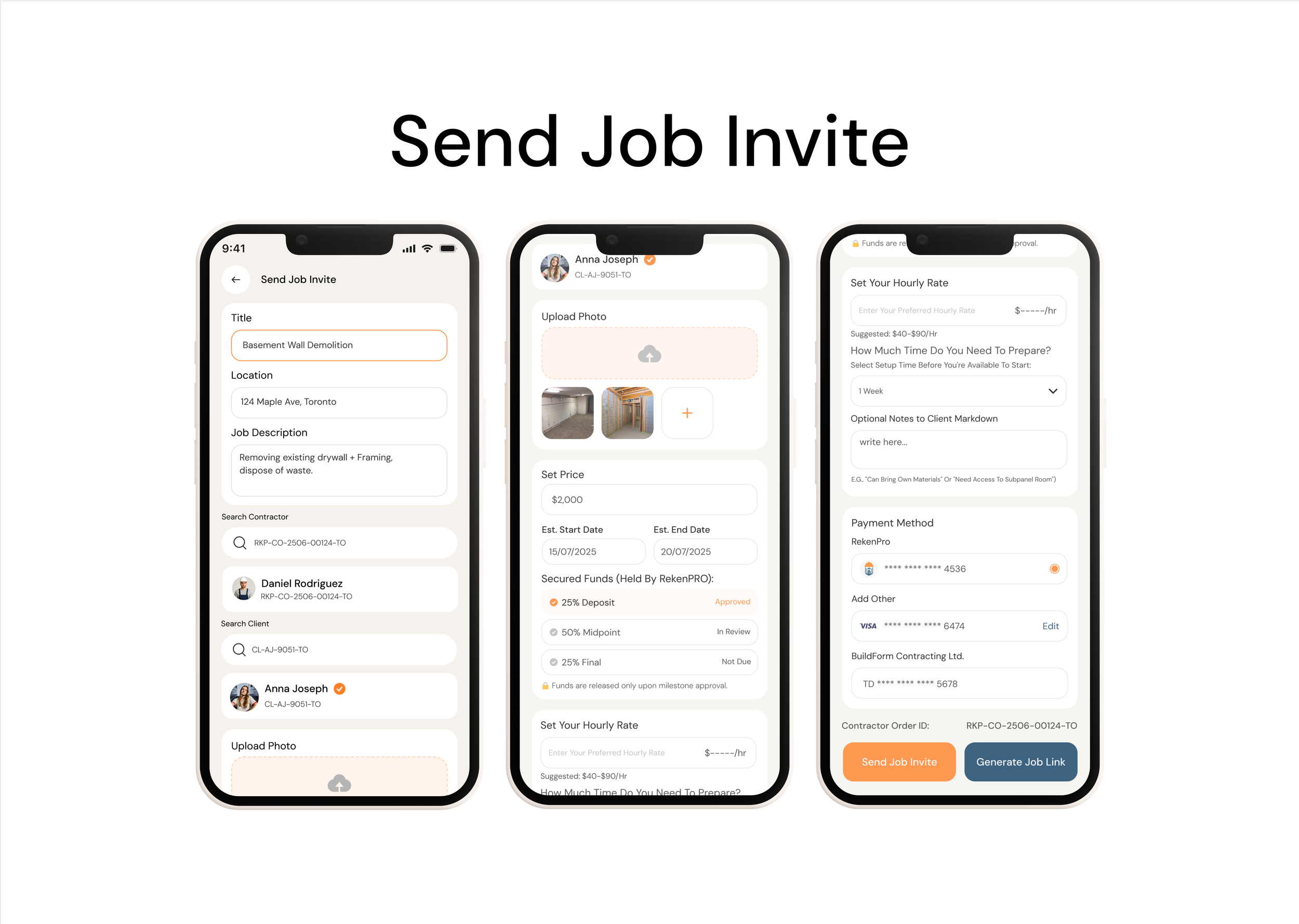 Three smartphone screens showing a job invitation app interface with sections for job details, photo upload, rate and date preferences, and payment options, under the heading 'Send Job Invite.'